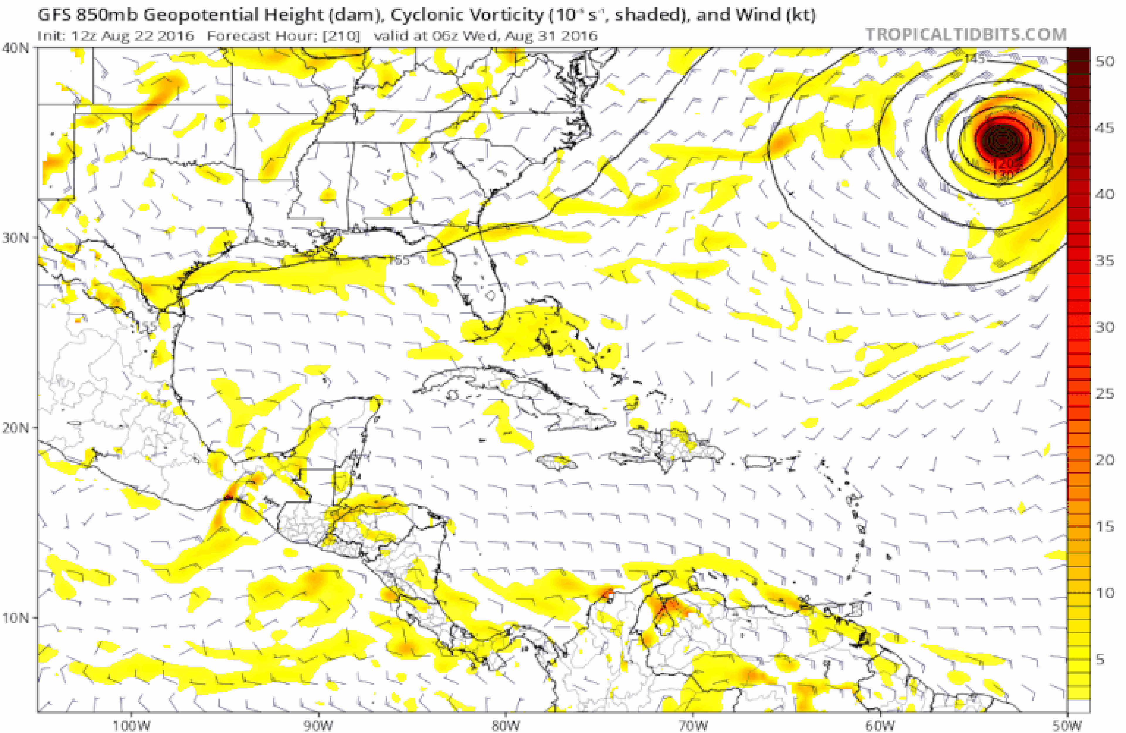 Animation of eight successive GFS model forecasts (from the morning of August 22 through the morning of August 24) of mid-level spin (denoted by yellow and reds, with reds indicating stronger spin) for the morning of August 31, 2016. 