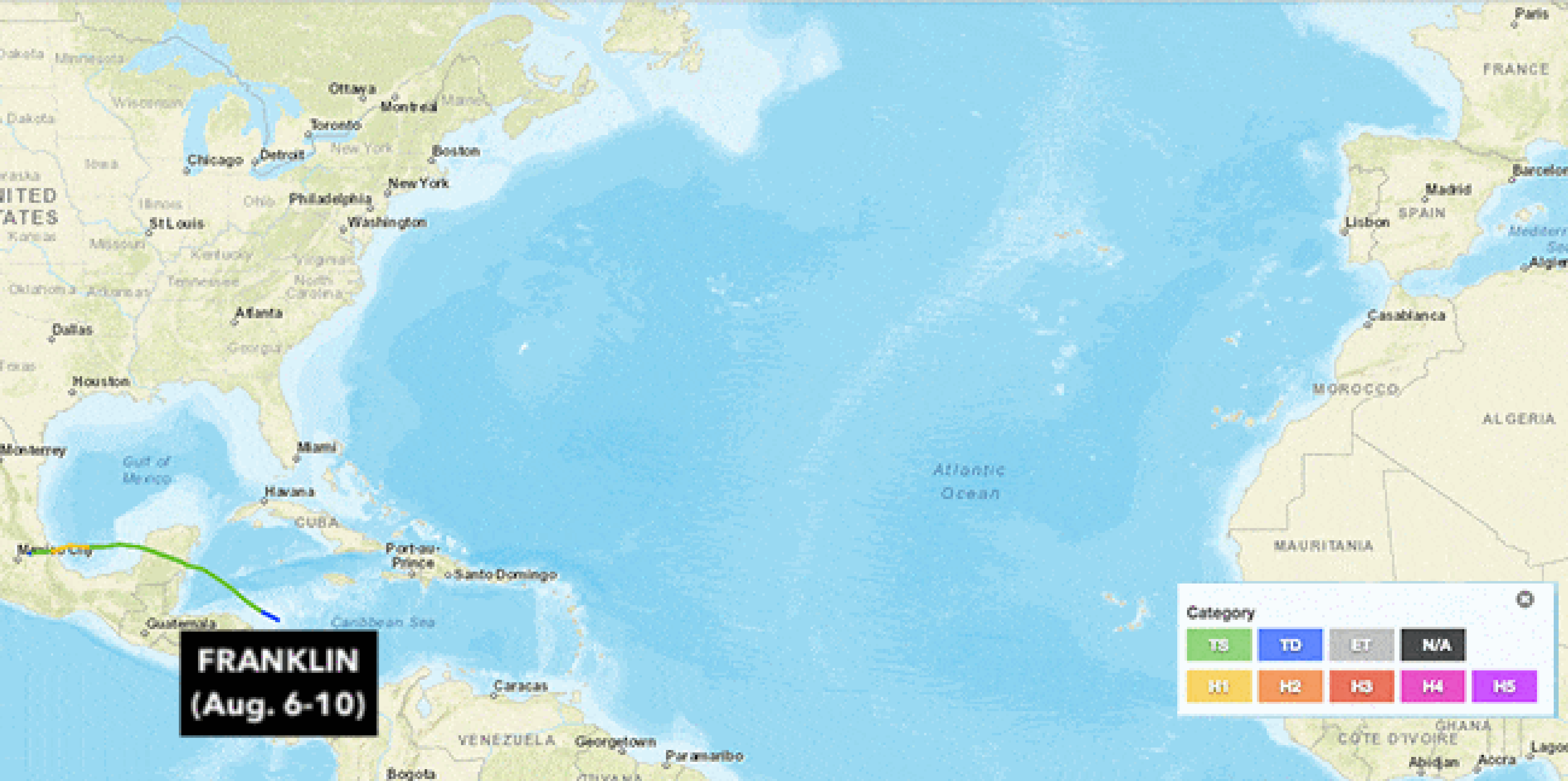 The 10 straight hurricanes of 2017. Harvey was not continuous, as it degenerated to a tropical wave on August 19 in the Caribbean Sea, then regenerated the following week in the Gulf of Mexico. Track intensity is shown by the legend in the lower right. 