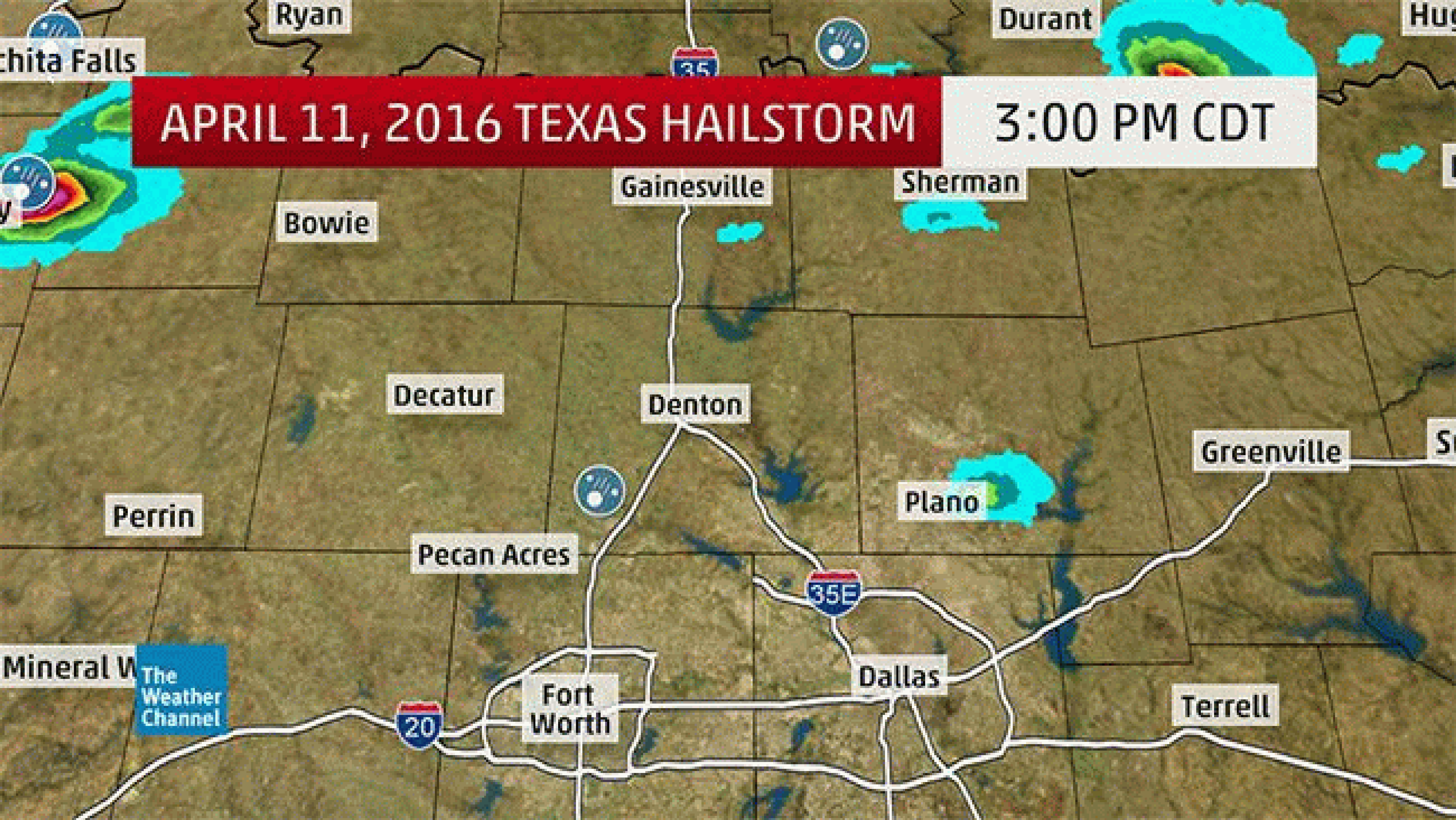 Vertically-integrated liquid (VIL) loop from the National Weather Service-Ft. Worth Doppler radar and large hail reports (blue circles) in North Texas on April 11, 2016. 