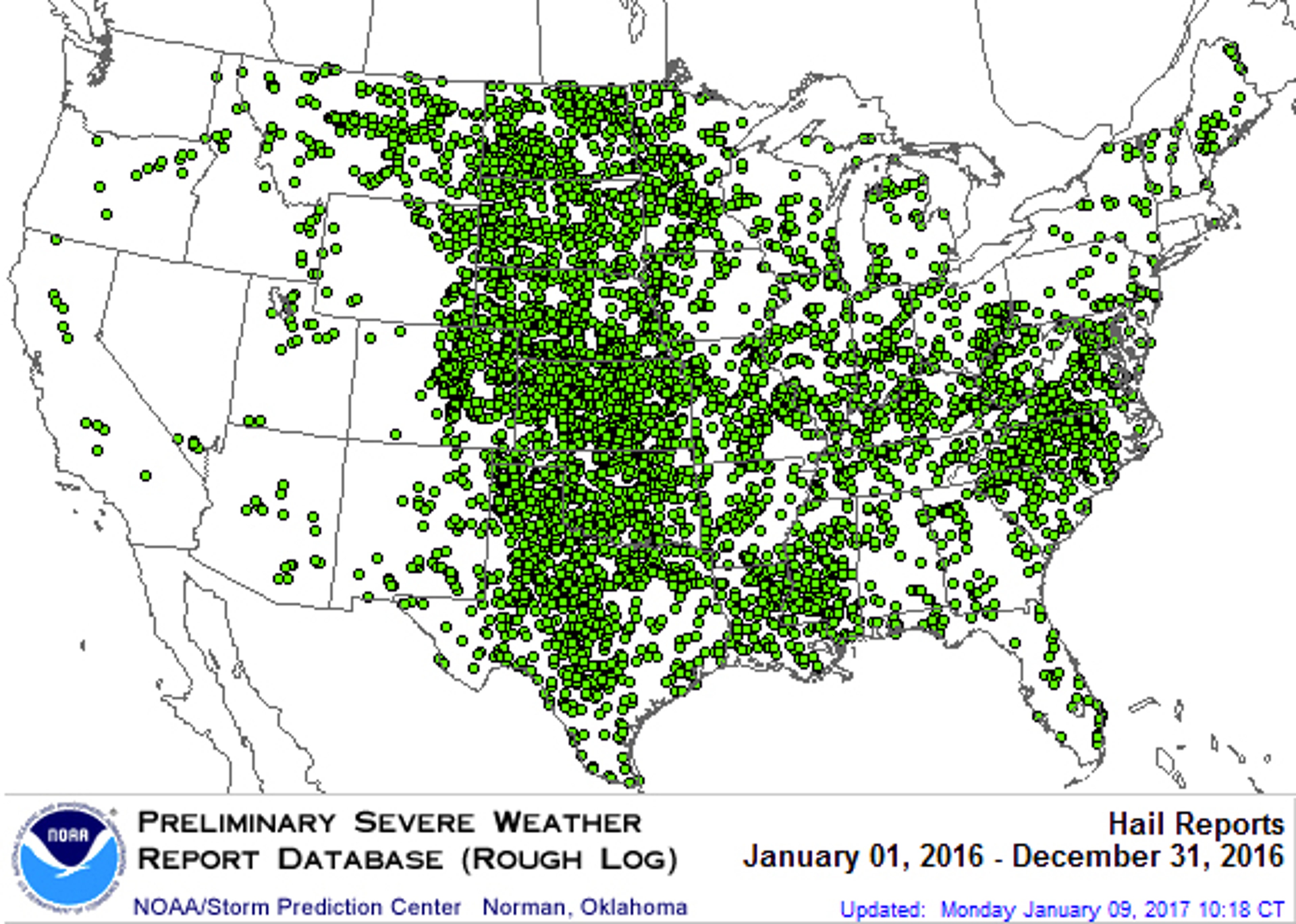Reports of large hail - at least 1 inch in diameter - in the U.S. in 2016. 