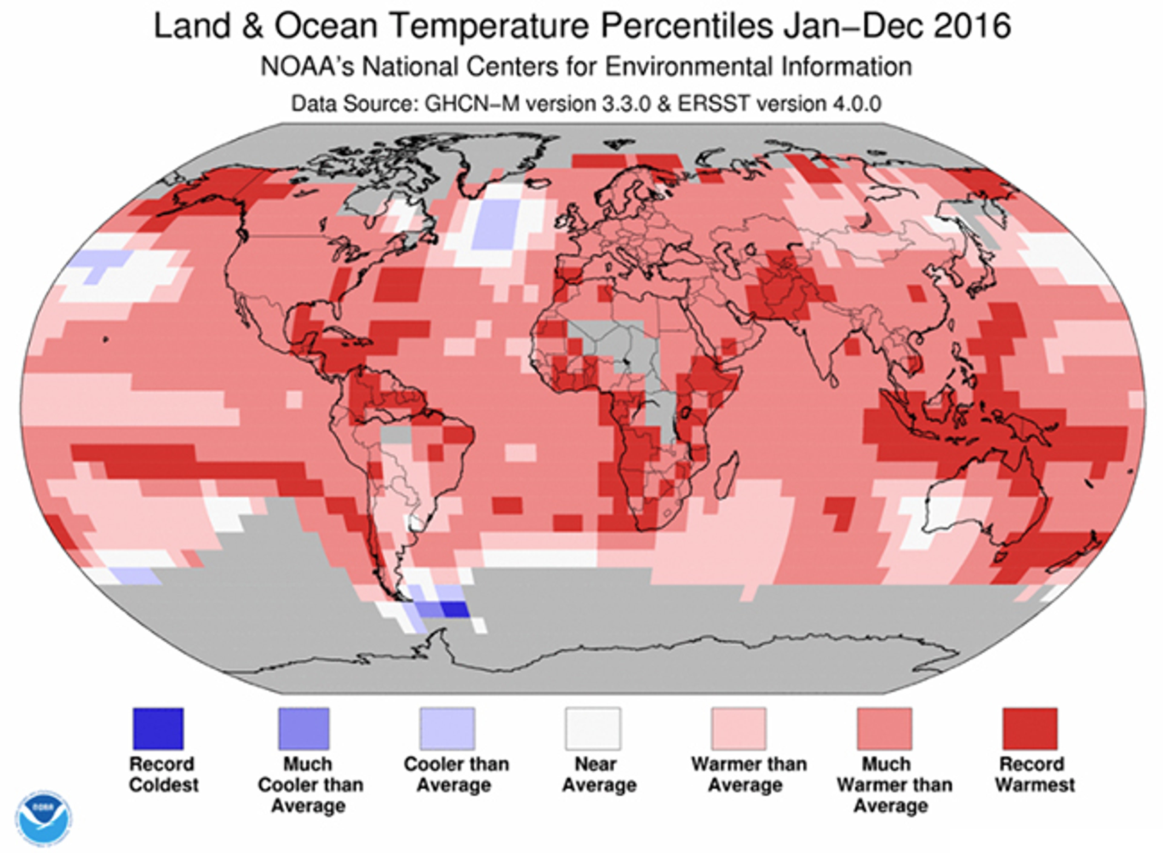 2016 temperature percentiles. Areas in red denote where 2016 was record warm, dating to 1880.