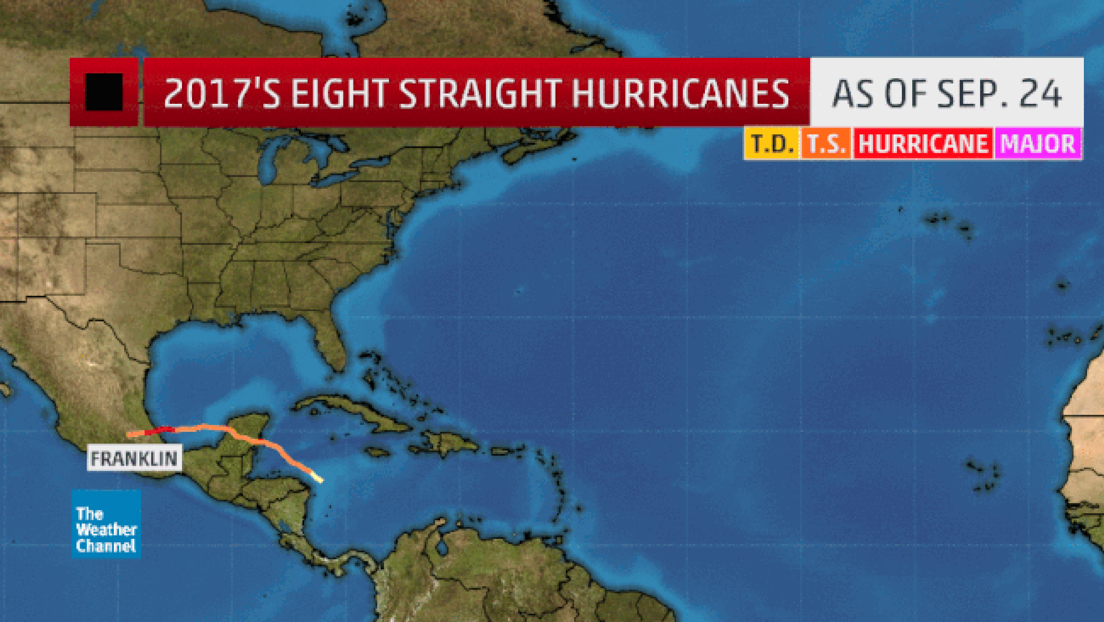 Tracks of the eight consecutive hurricanes from Aug. 6 - Sep. 24, 2017. The loop goes alphabetically. Lee became a hurricane after Maria. (Note: Green segments indicate stretches when a system was a remnant, before regenerating into a tropical cyclone.)