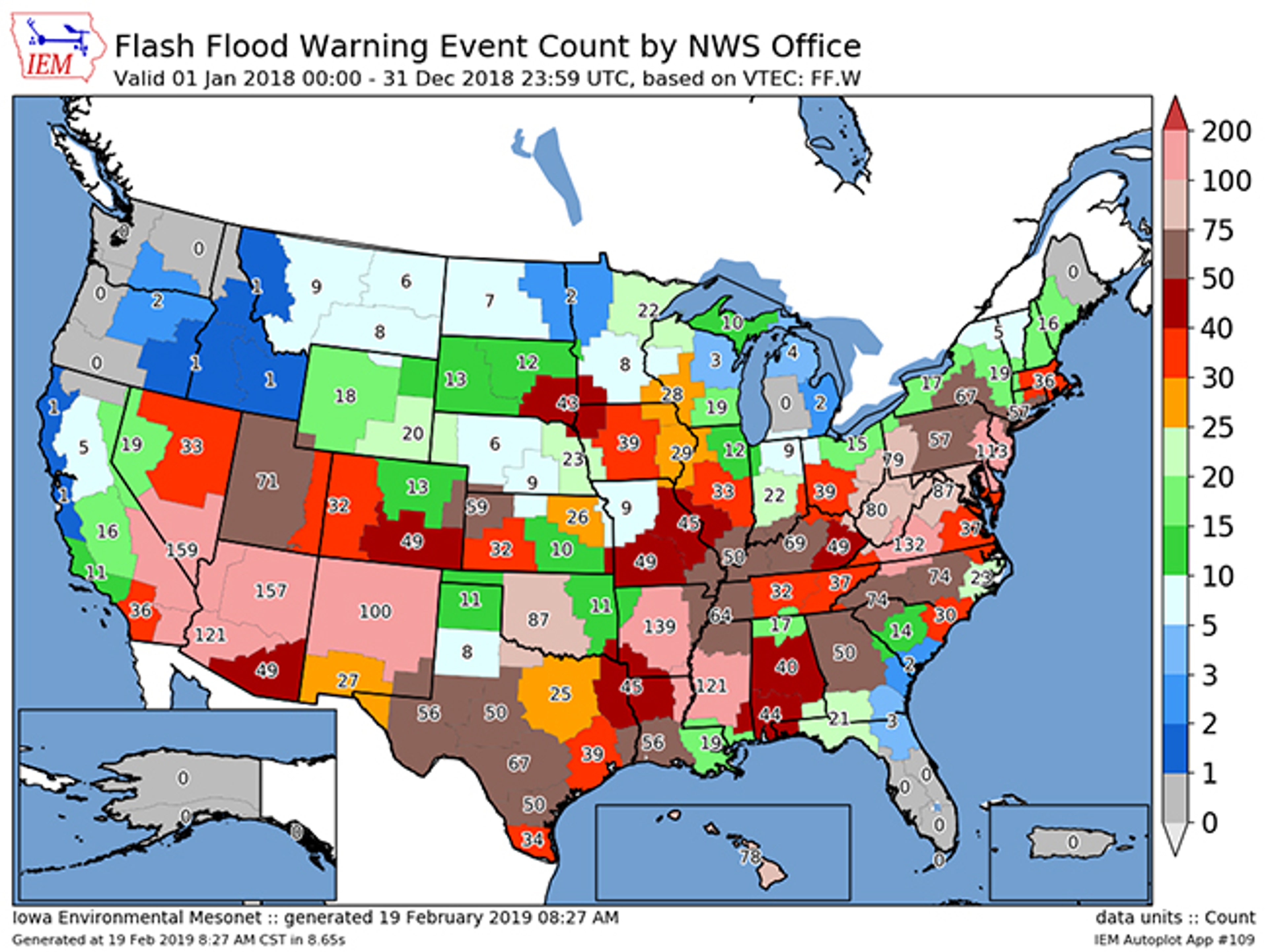 The distribution of flash flood warnings issued in the U.S. in 2018, parsed by each NWS forecast area.