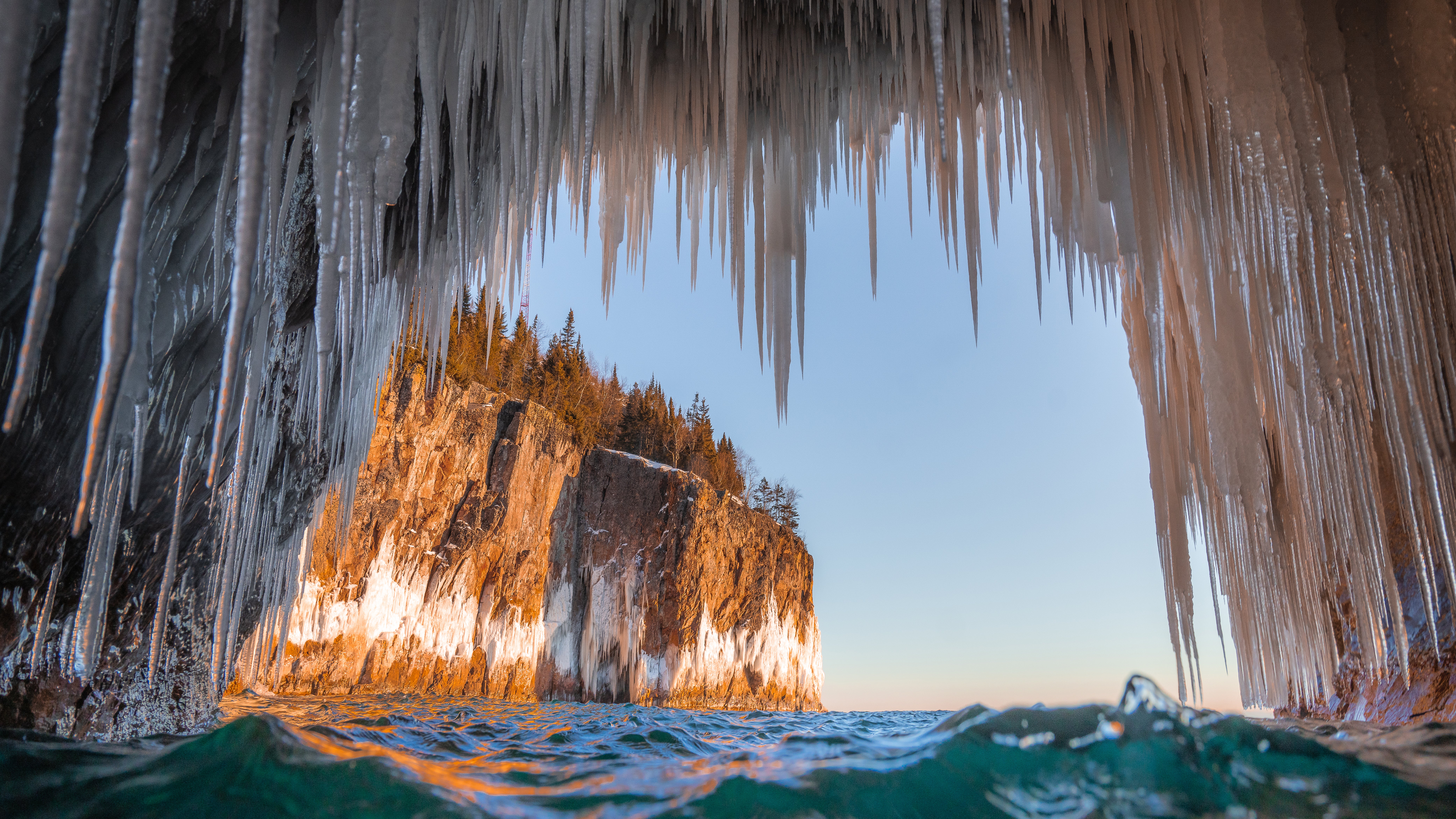 Icicles hang from a Lake Superior ice cave.