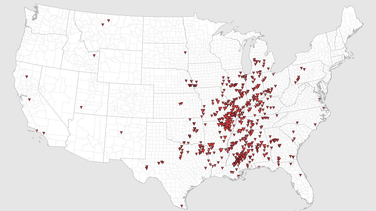 2025 tornado reports through April 22