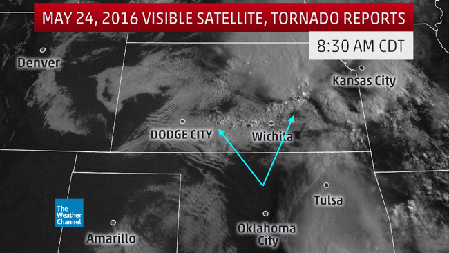 Visible satellite loop and preliminary tornado reports on May 24, 2016, illustrating the outflow boundary generated by morning thunderstorm clusters (blue arrows) setting the table for later severe thunderstorms, spawning tornadoes in western Kansas and northeast Oklahoma. You can also pick out the undular bore/gravity waves propagating southward through Oklahoma and the Texas panhandle early in the day.