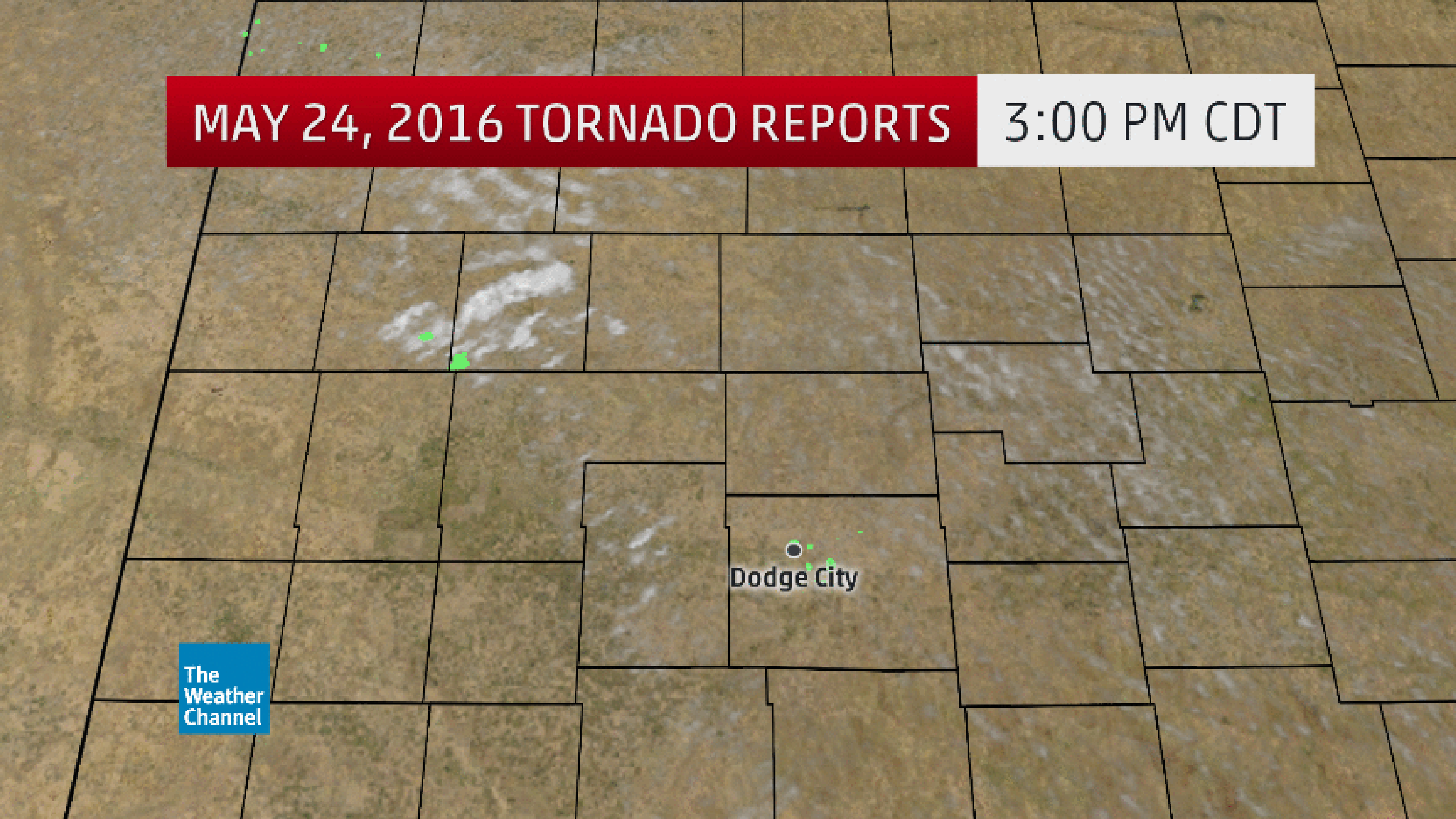 Radar, visible satellite, and tornado reports loop over western Kansas showing the tornadic supercells on May 24, 2016, from 3 p.m. to 9 p.m. CDT.