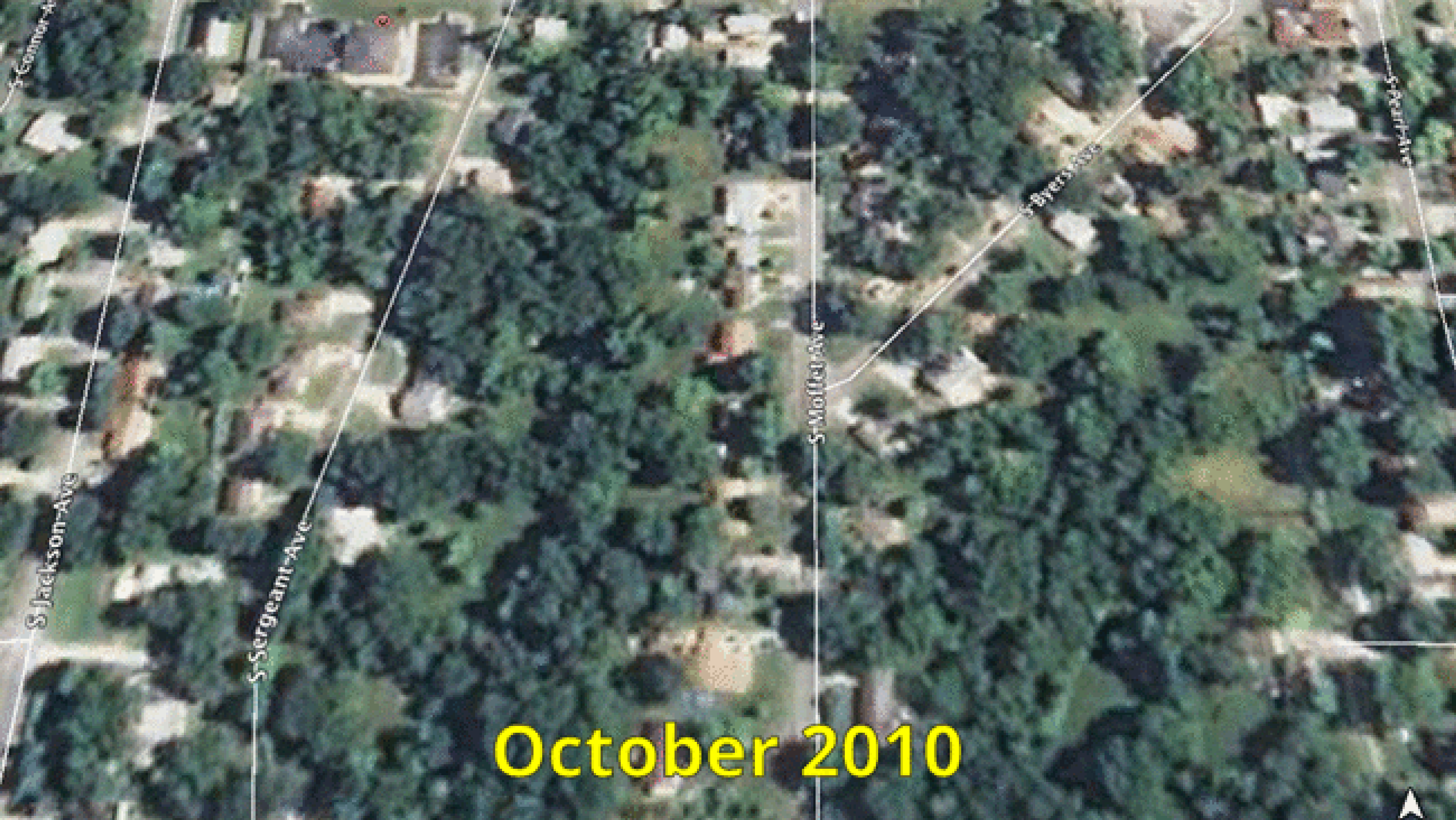 Before, after and most current (Mar. 2016) view of neighborhoods south of W. 26th St. between S. Jackson Ave. and S. Pearl Ave. in Joplin, Missouri.