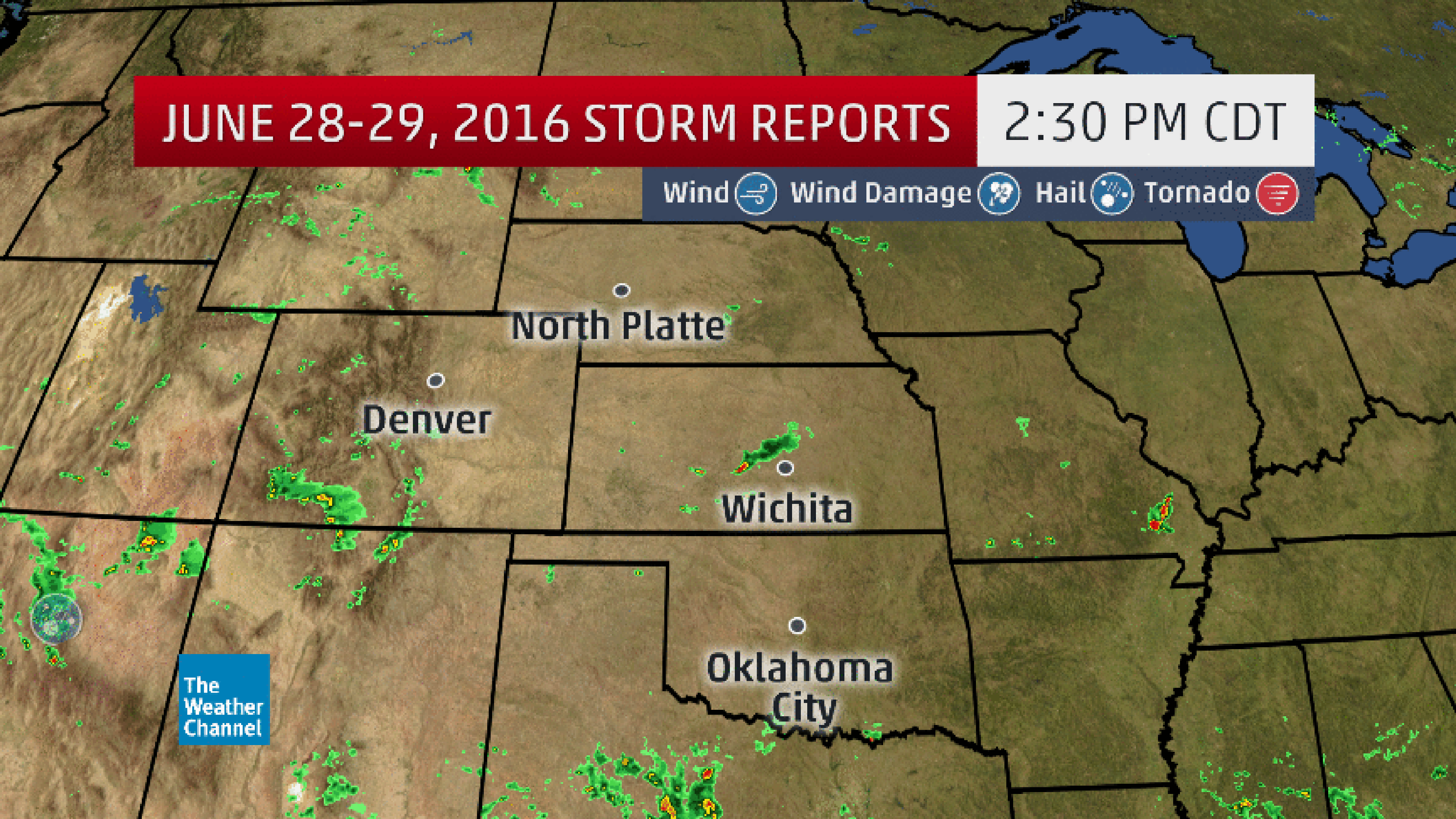 A radar recap of the twin thunderstorm clusters in the Plains states from the afternoon of June 28 into the early morning hours of June 29, 2016. Storm reports are shown as dots as they were reported to NOAA's Storm Prediction Center.
