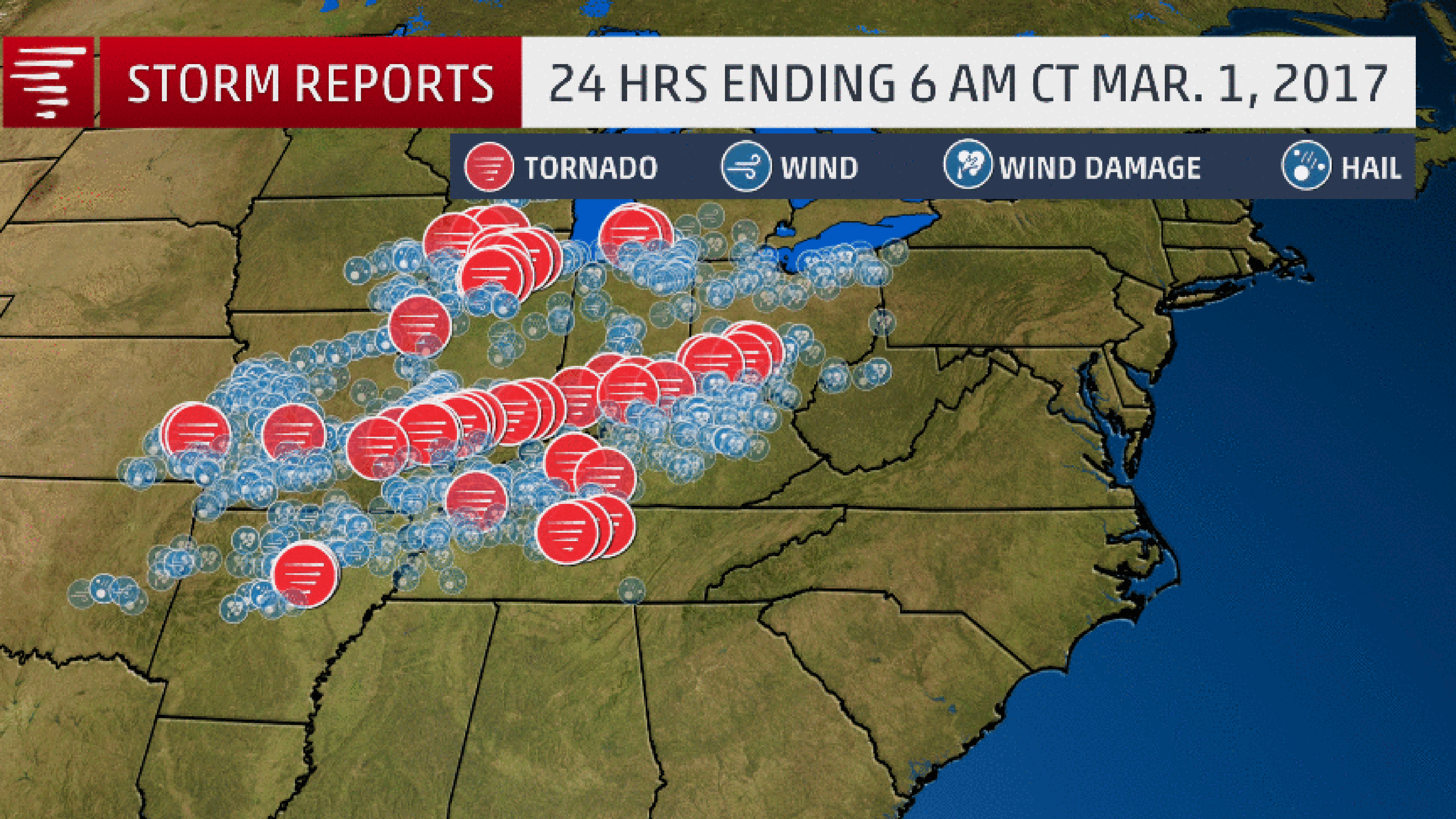 Reports of severe weather in a 48-hour period ending 6 a.m. CST on Mar. 2, 2017. Note some tornado reports plot twice due to time overlap between 24-hour periods. 