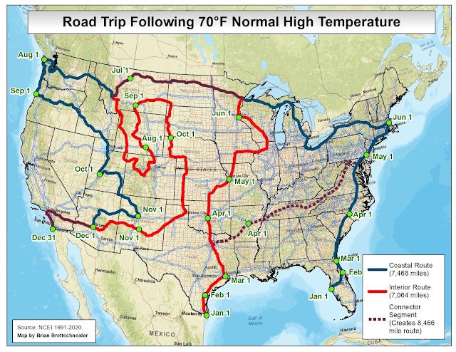 A map shows road trip routes across the U.S. in red and blue. 
