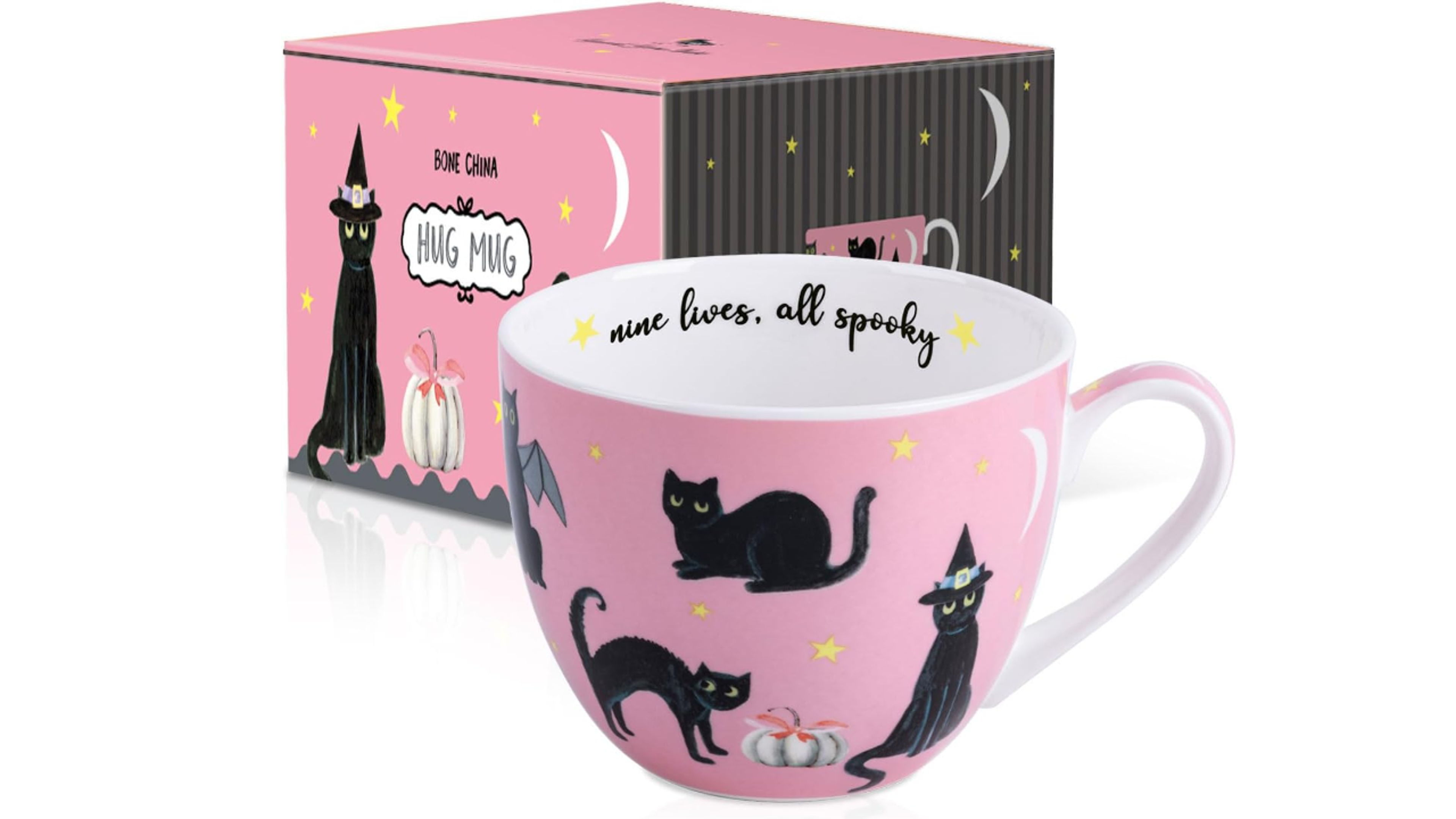 Halloween Mugs - 20 oz Bone China Black Cat Coffee Mug with Pumpkin