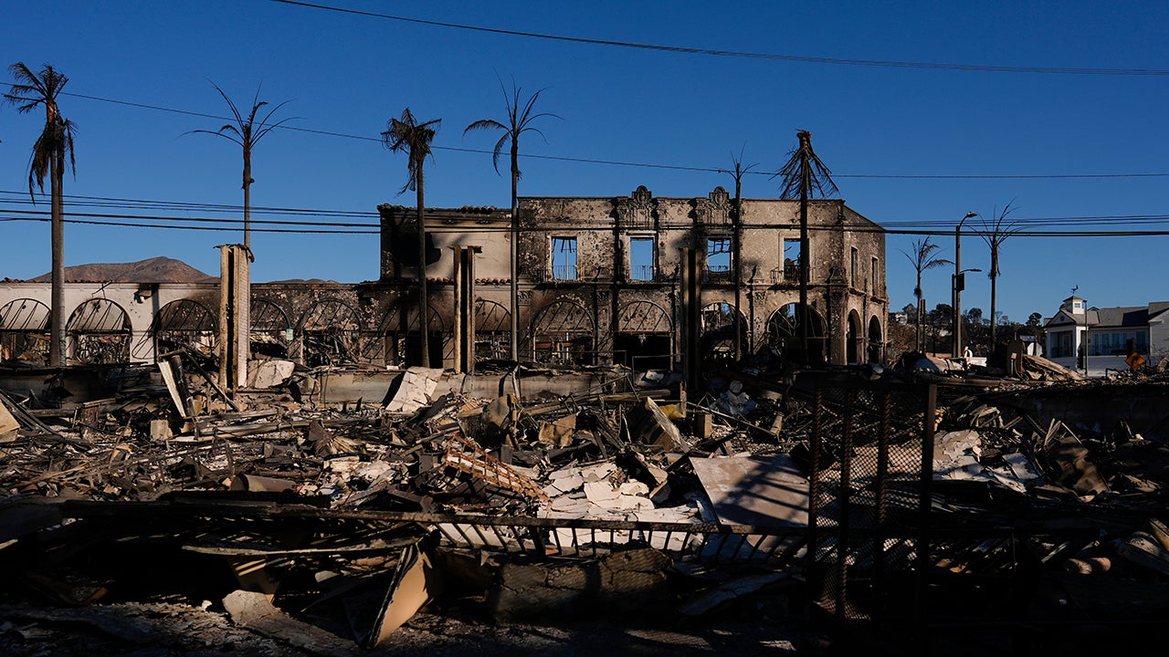 Buildings are seen gutted by flames with fire debris and damaged palm trees in the foreground under a clear, blue sky.