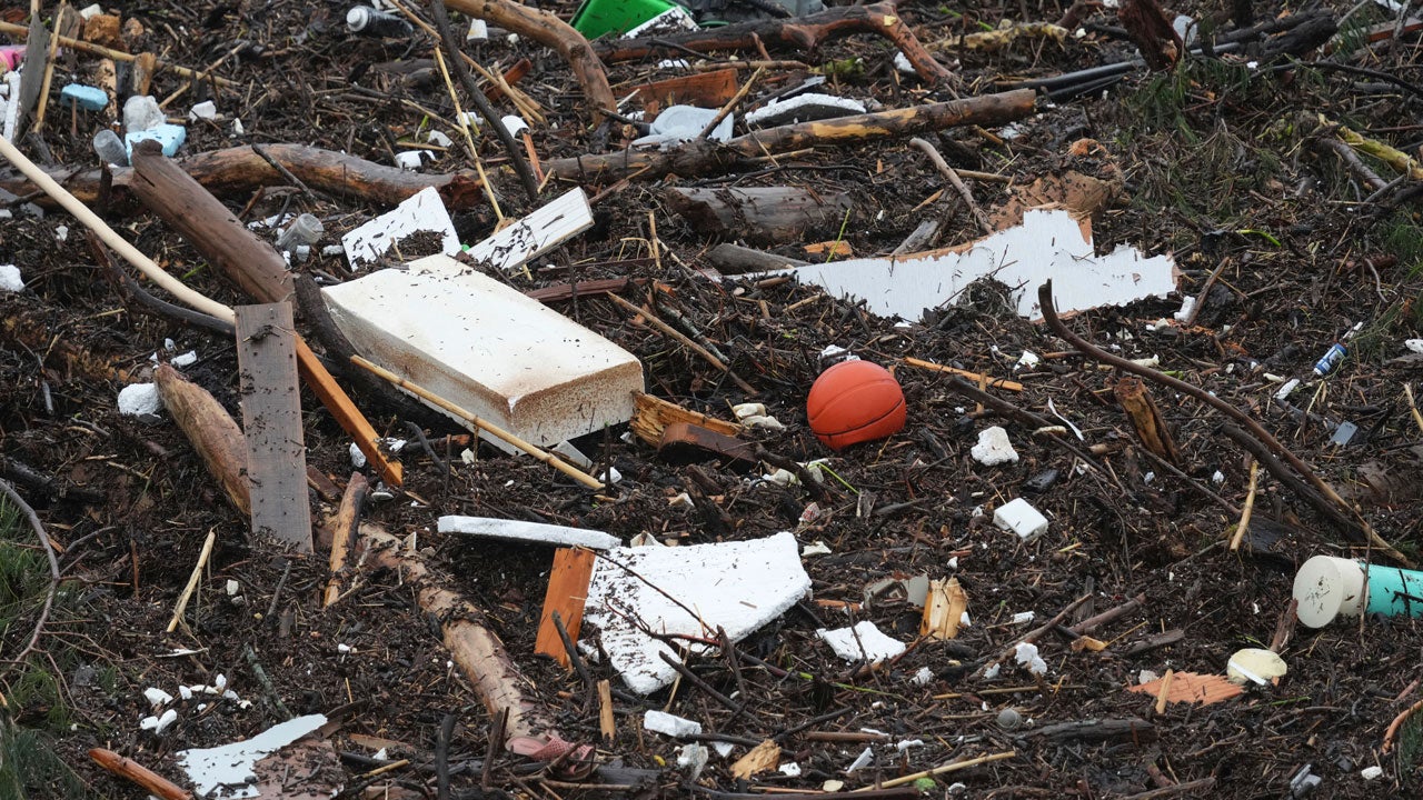 Debris is left behind by a raging Guadalupe River, Friday, July 4, 2025, in Kerrville, Texas.