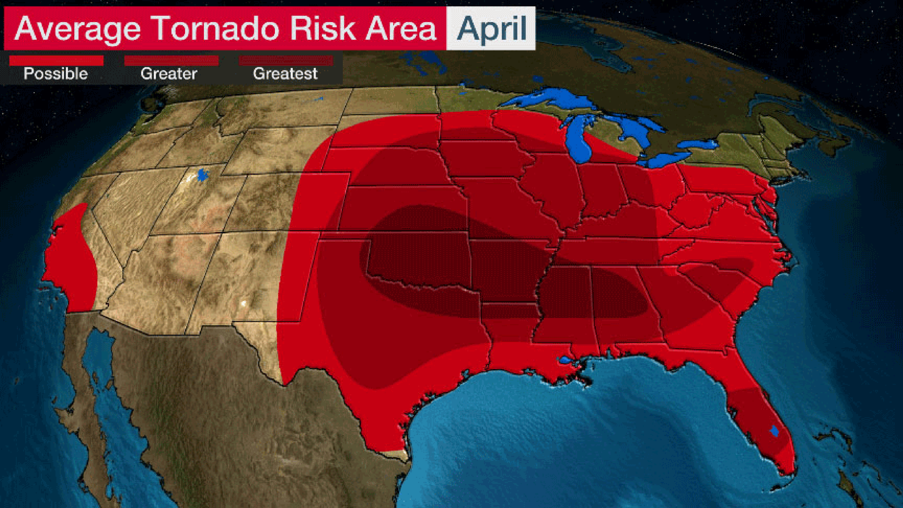 Average tornado risk area across the United States for April, May and June.
