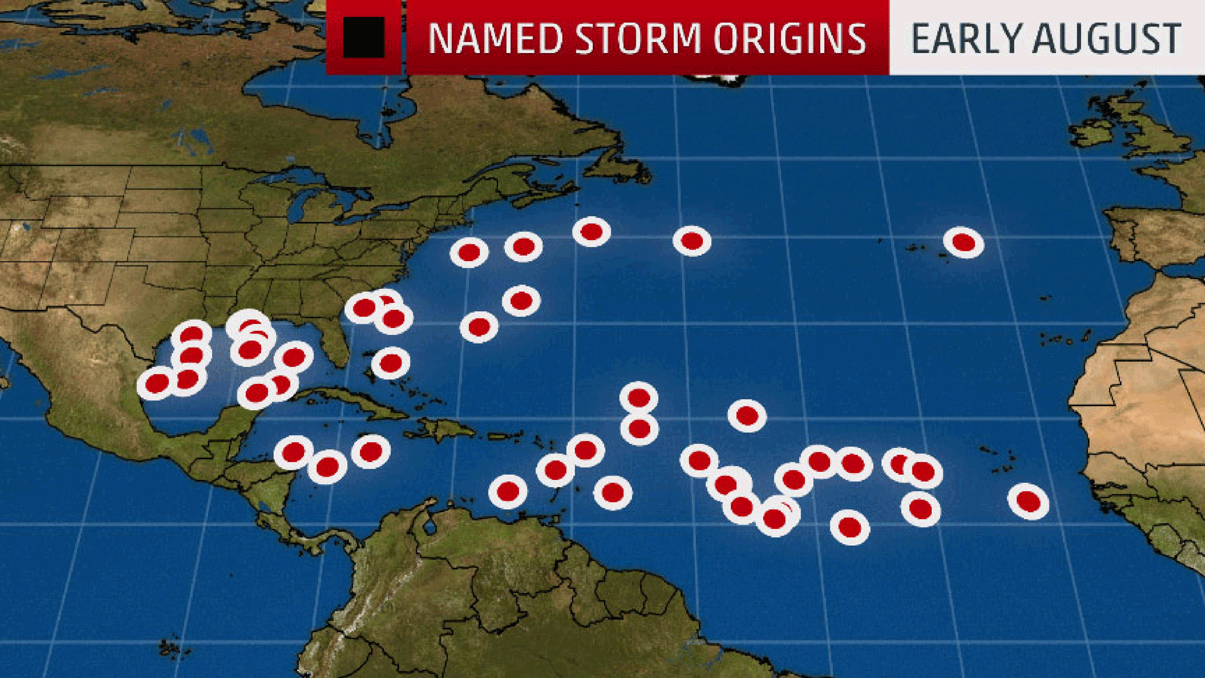 Origin points for Atlantic named storms from 1950 to 2018 in 10-day increments in August. You can see the increased number of named storms forming later in August, particularly in the "main development region" between Africa and the Lesser Antilles.