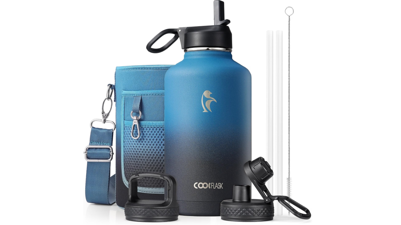 Coolflask Half Gallon Water Bottle Insulated with Straw & 3 Leakproof Lids 