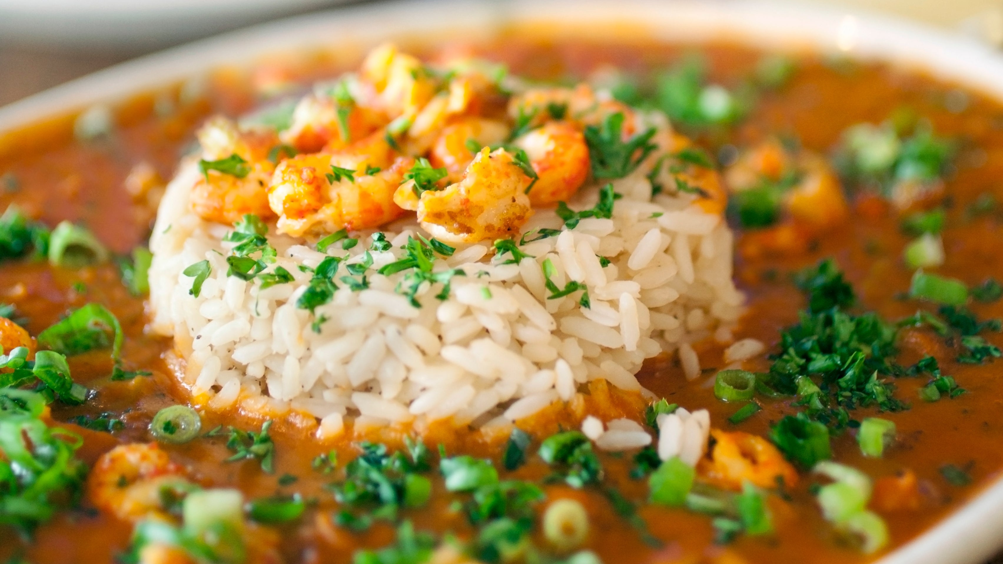 Photo shows a bowl of crawfish etoufee garnished with green onions.