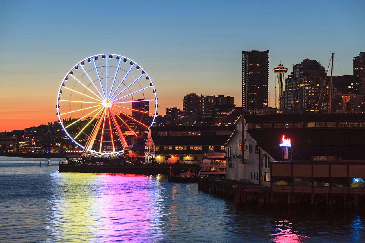 Seattle&rsquo;s 17 story "Great Wheel" is seen at at Pier 57, on the Waterfront. 