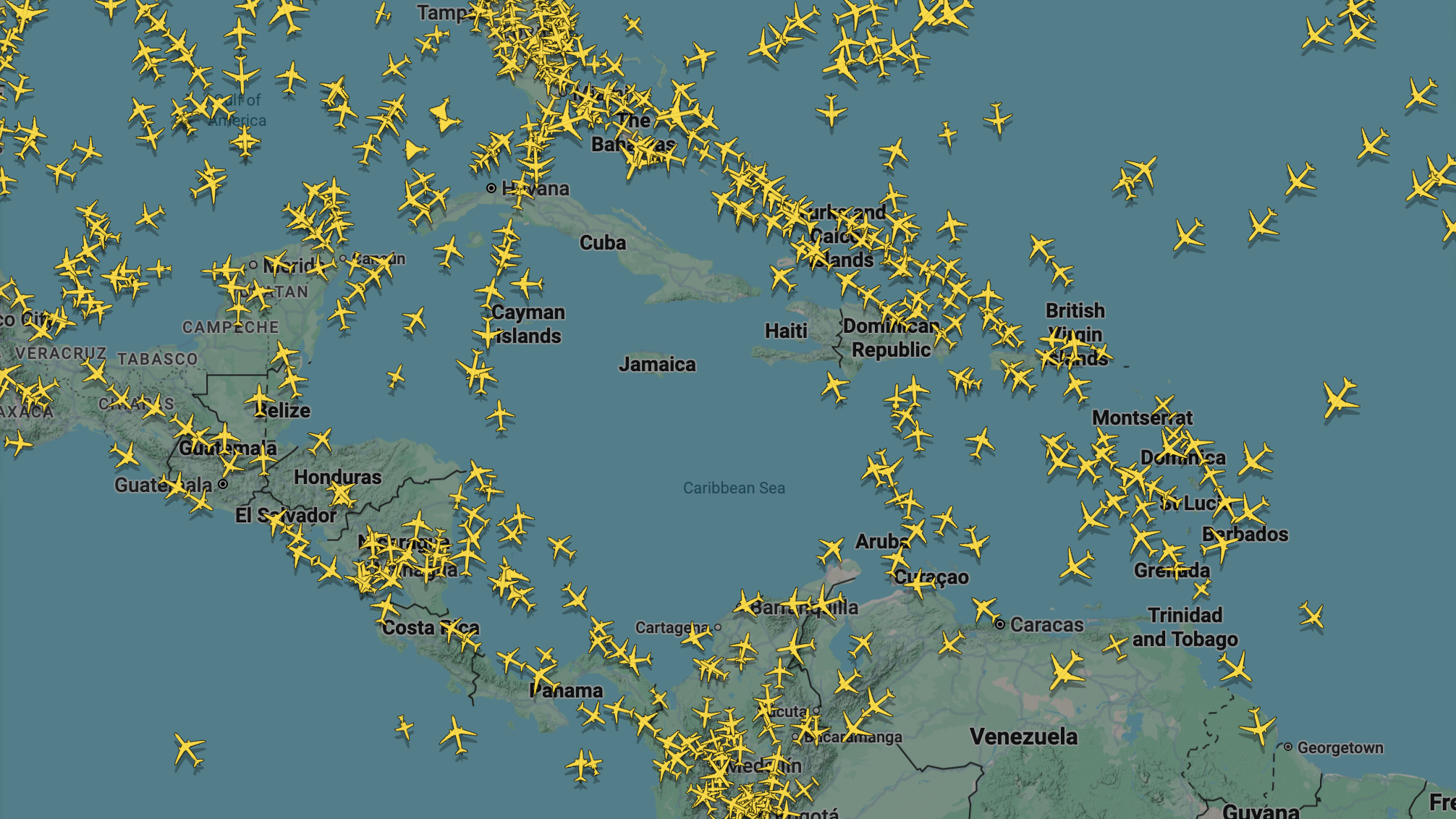 Live air traffic at 4:25 p.m. EDT shows a large gap over Jamaica as pilots fly around Hurricane Melissa.