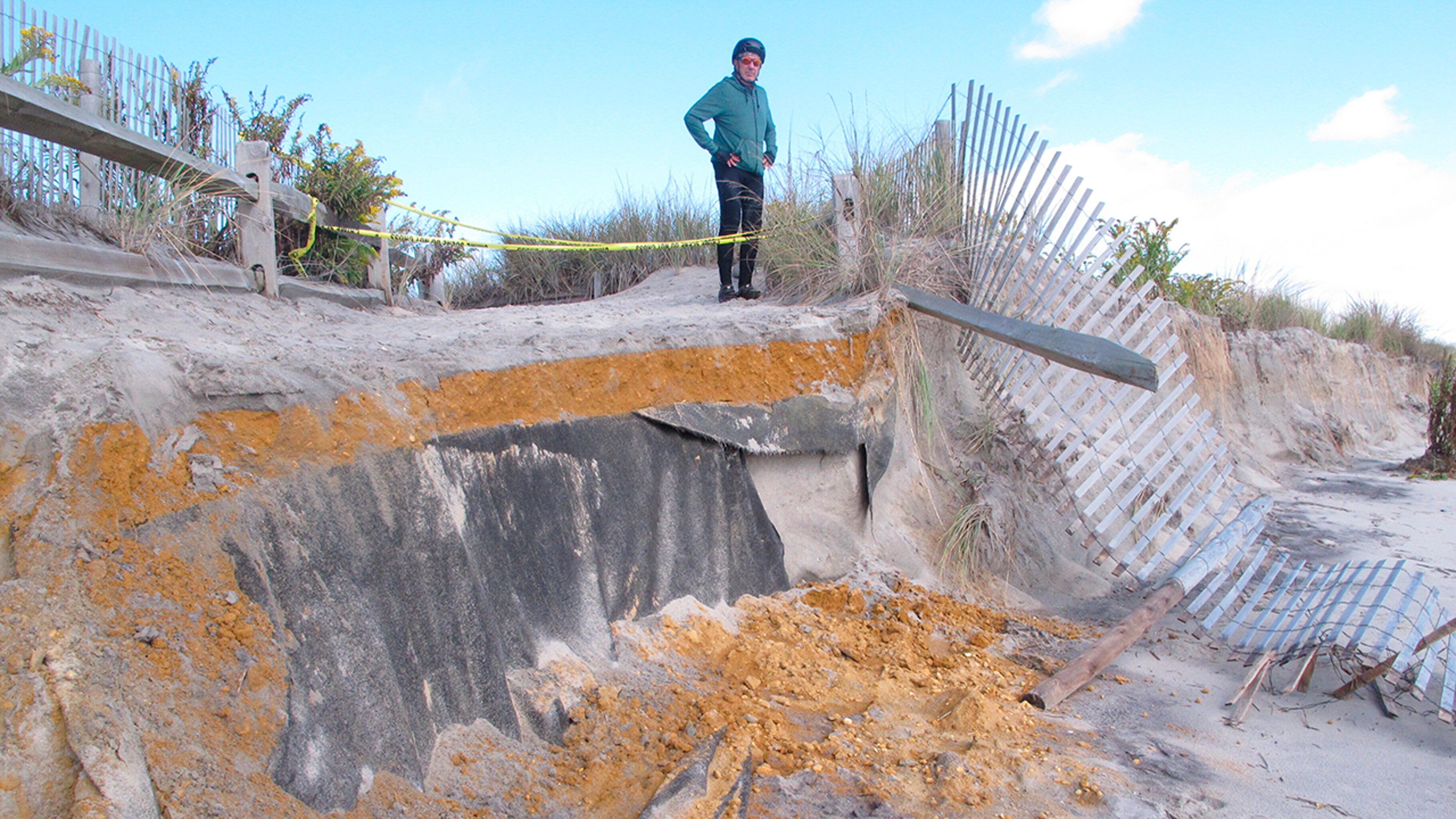 Erosion to dunes in Ventnor, New Jersey, from coastal flooding and pounding surf associated with the nor'easter/Melissa.