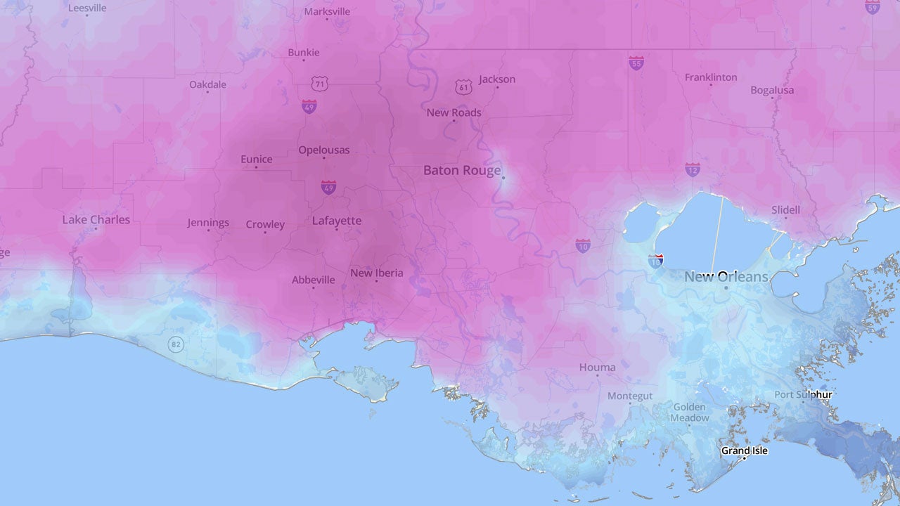 Map of very cold temperatures across southern Louisiana following a winter storm