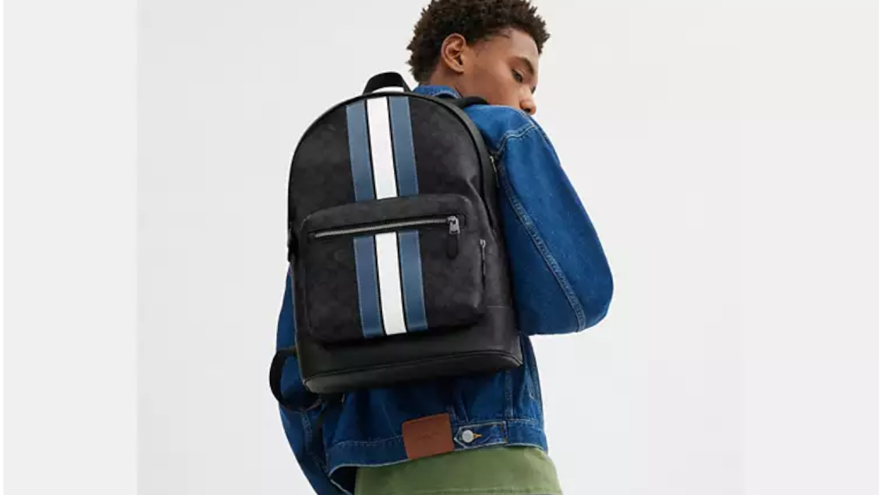 West Backpack In Signature Canvas With Varsity Stripe