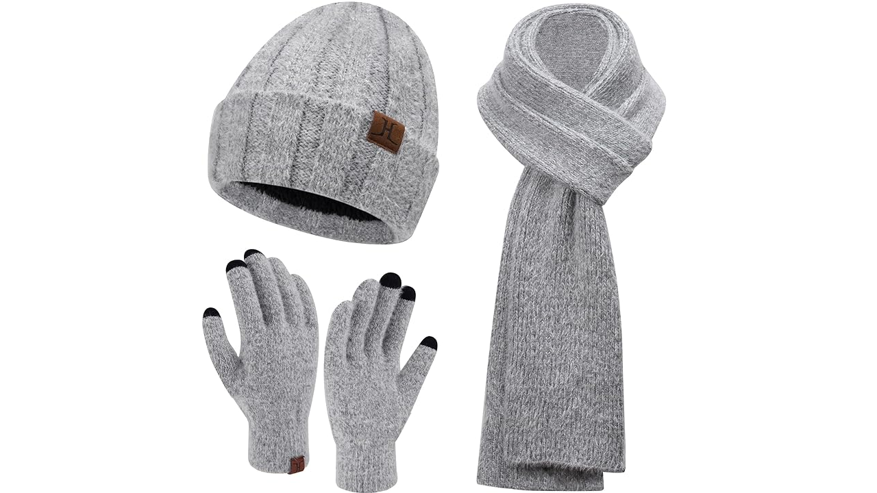 Winter Knit Beanie Hat, Touchscreen Gloves And Long Scarf Set 