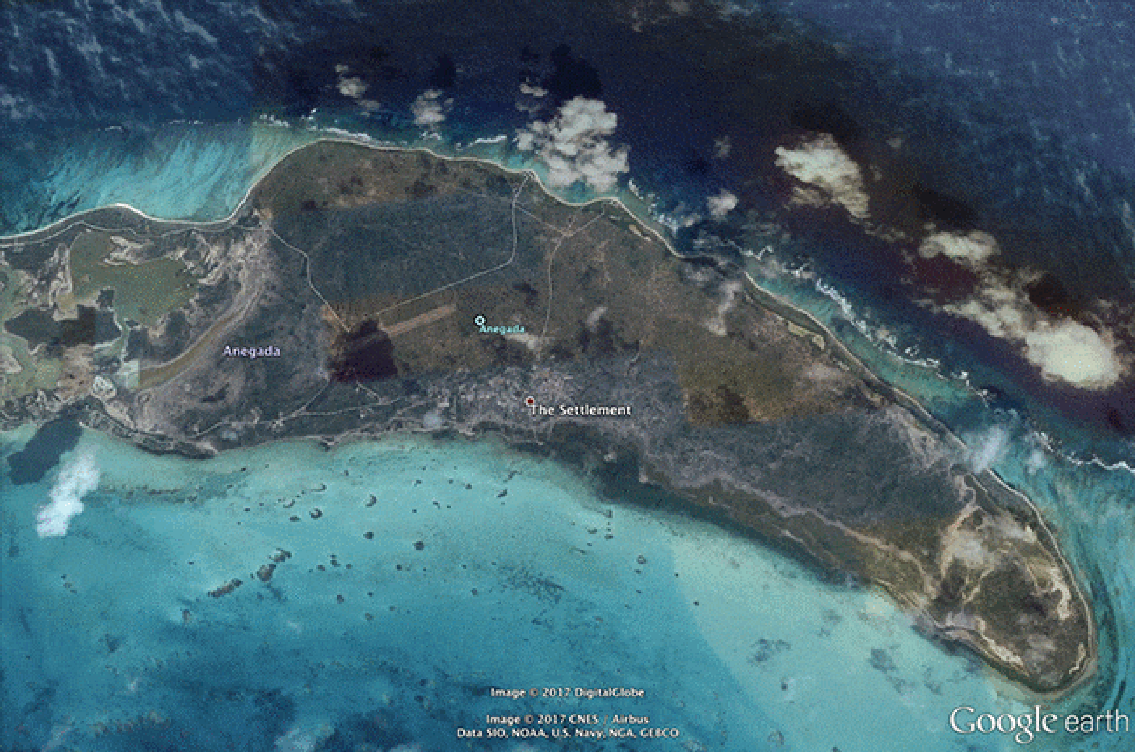 Before/after images of the island of Anegada in the British Virgin Islands after Hurricane Irma, in September 2017. Red arrows denote runoff from heavy rainfall which drained into the near coastal waters off the southern coast.