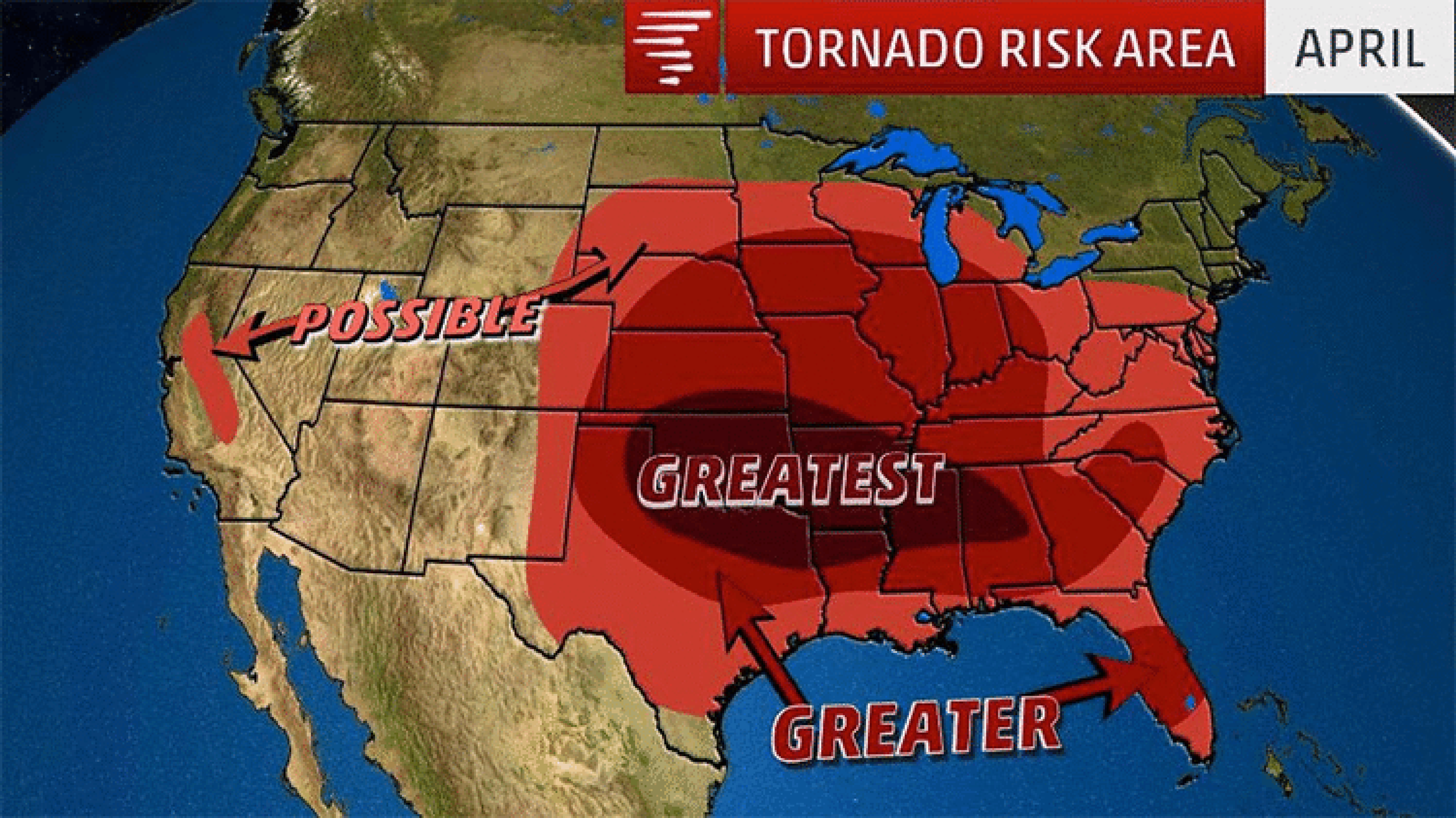 Average tornado risk area across the United States for April, May and June.