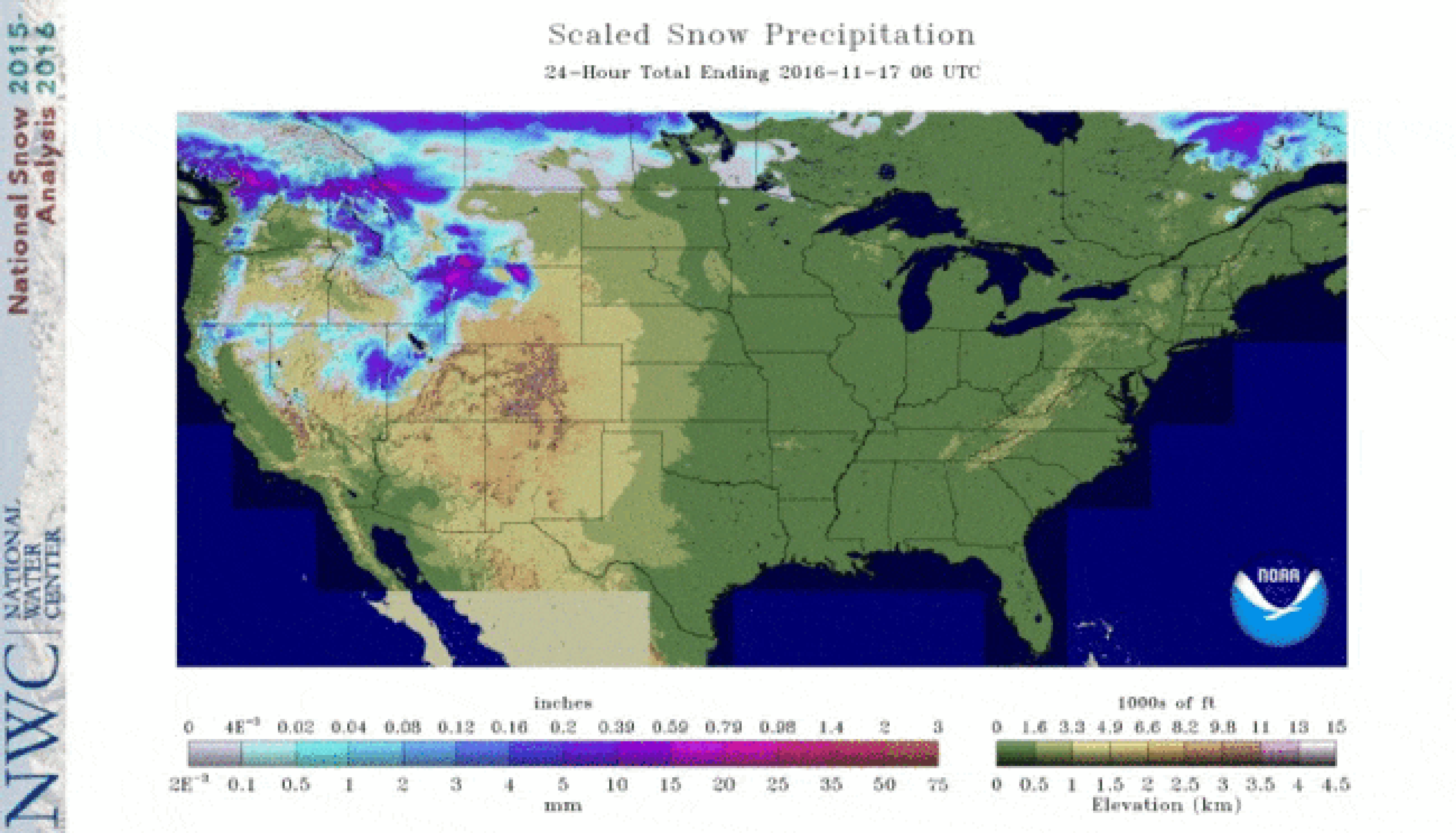 Animation of 24-hour snow precipitation (expressed as liquid equivalent) from November 16-21, 2016, during Winter Storm Argos from the Rockies to the Midwest and Northeast.