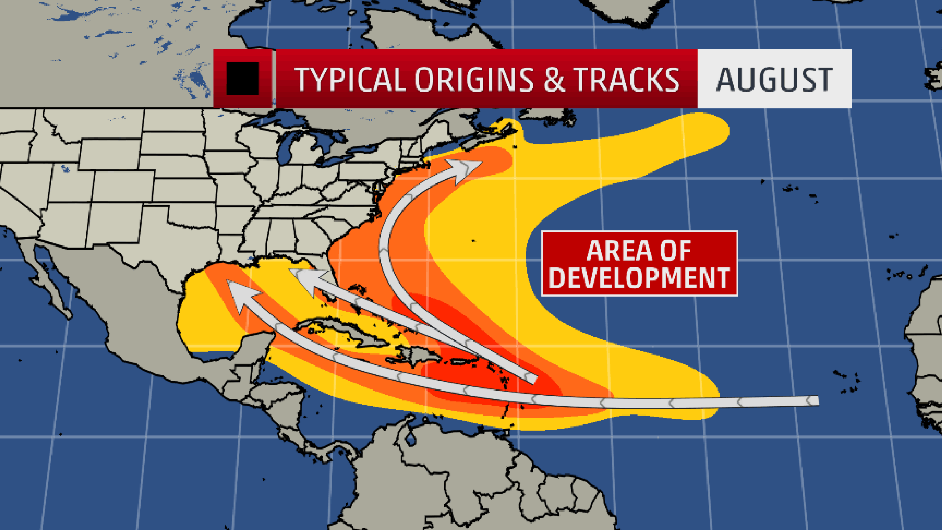 Typical tracks and origins of tropical cyclones in August, September and October.