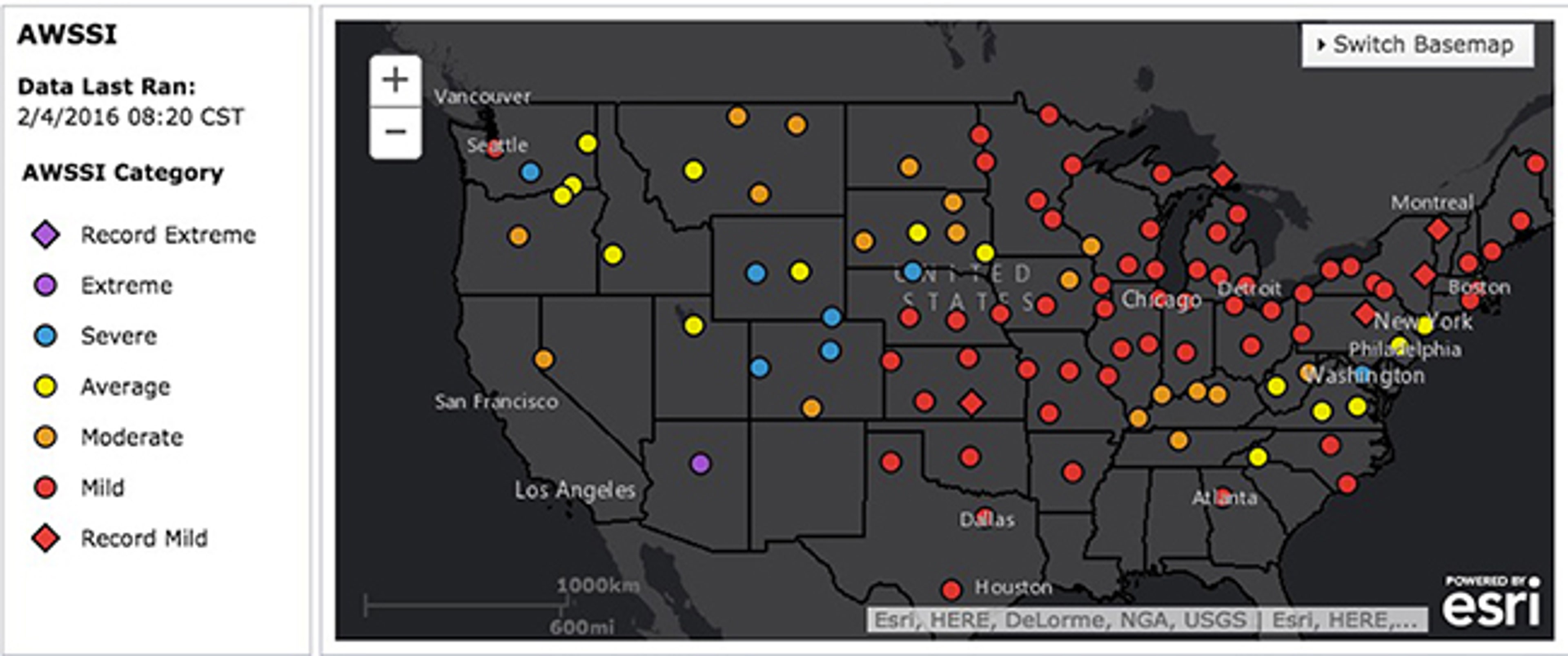 AWSSI national index values for winter 2015-2016 as of Feb. 3, 2016. City locations color-coded based on severity of winter, as shown by legend at left.