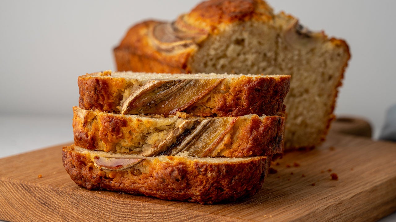 slices of banana bread on cutting board