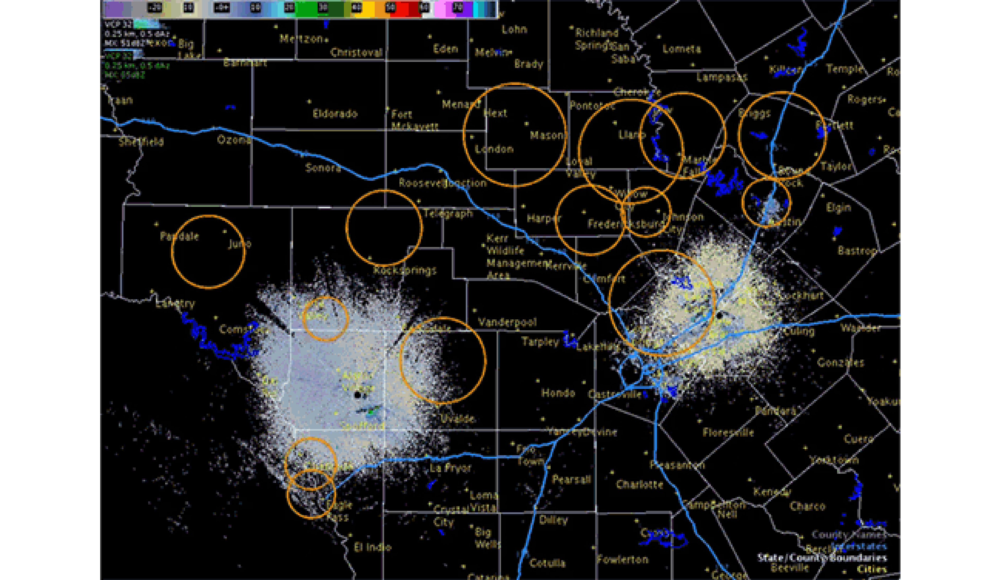 Circled are the emerging colonies of bats heading out to feed on insects June 13, 2016. (NWS-San Antonio)