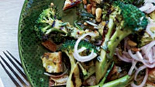 Grilled Broccoli and Bread Salad with Pickled Shallots