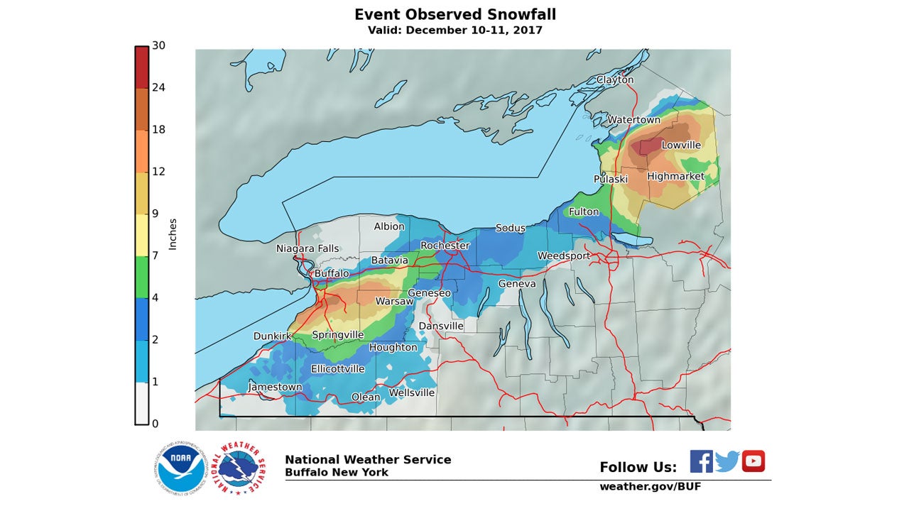 A weather map showing lake-effect snowfall totals for western New York