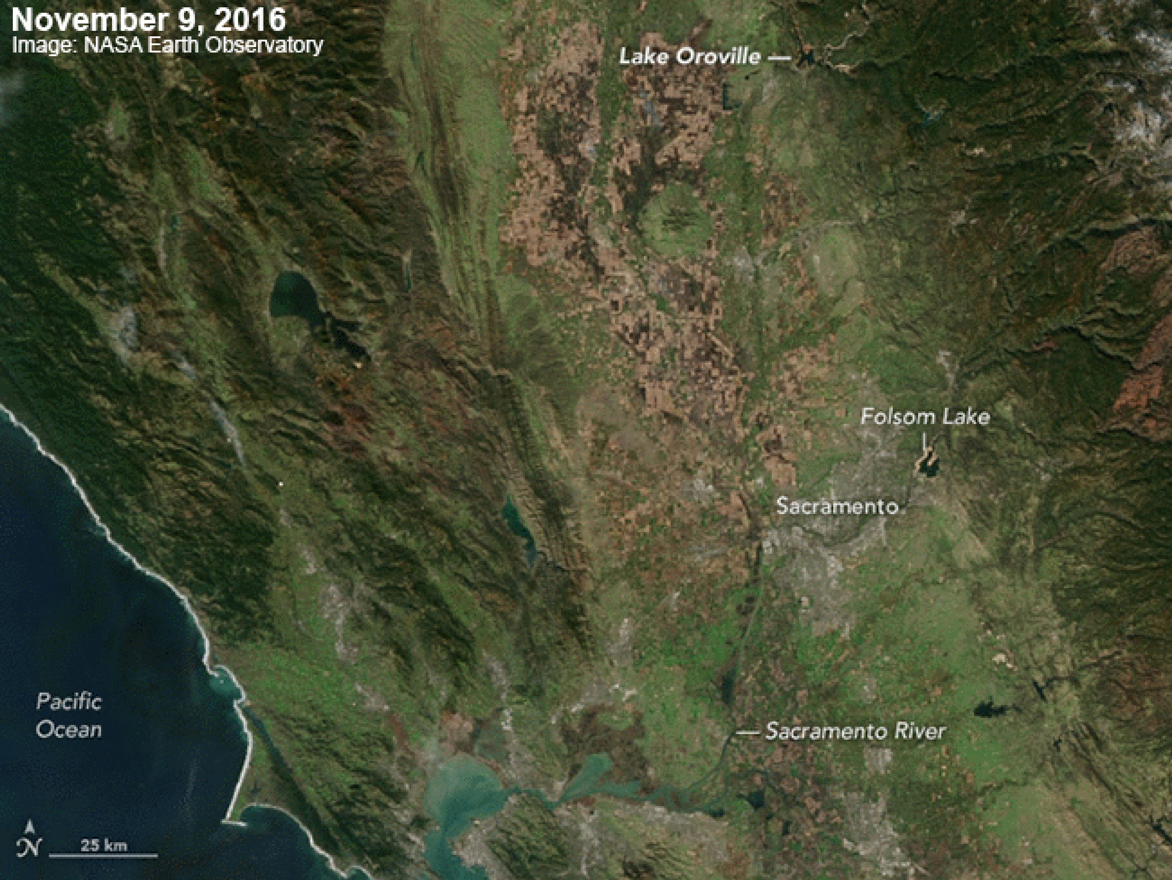 The Visible Infrared Imaging Radiometer Suite (VIIRS) on the Suomi NPP satellite captured this natural-color image of sediment-filled waterways in California's Sacramento Valley on February 11, 2017 (second image). For comparison, the first image shows the same area on November 9, 2016, before the wet weather arrived.