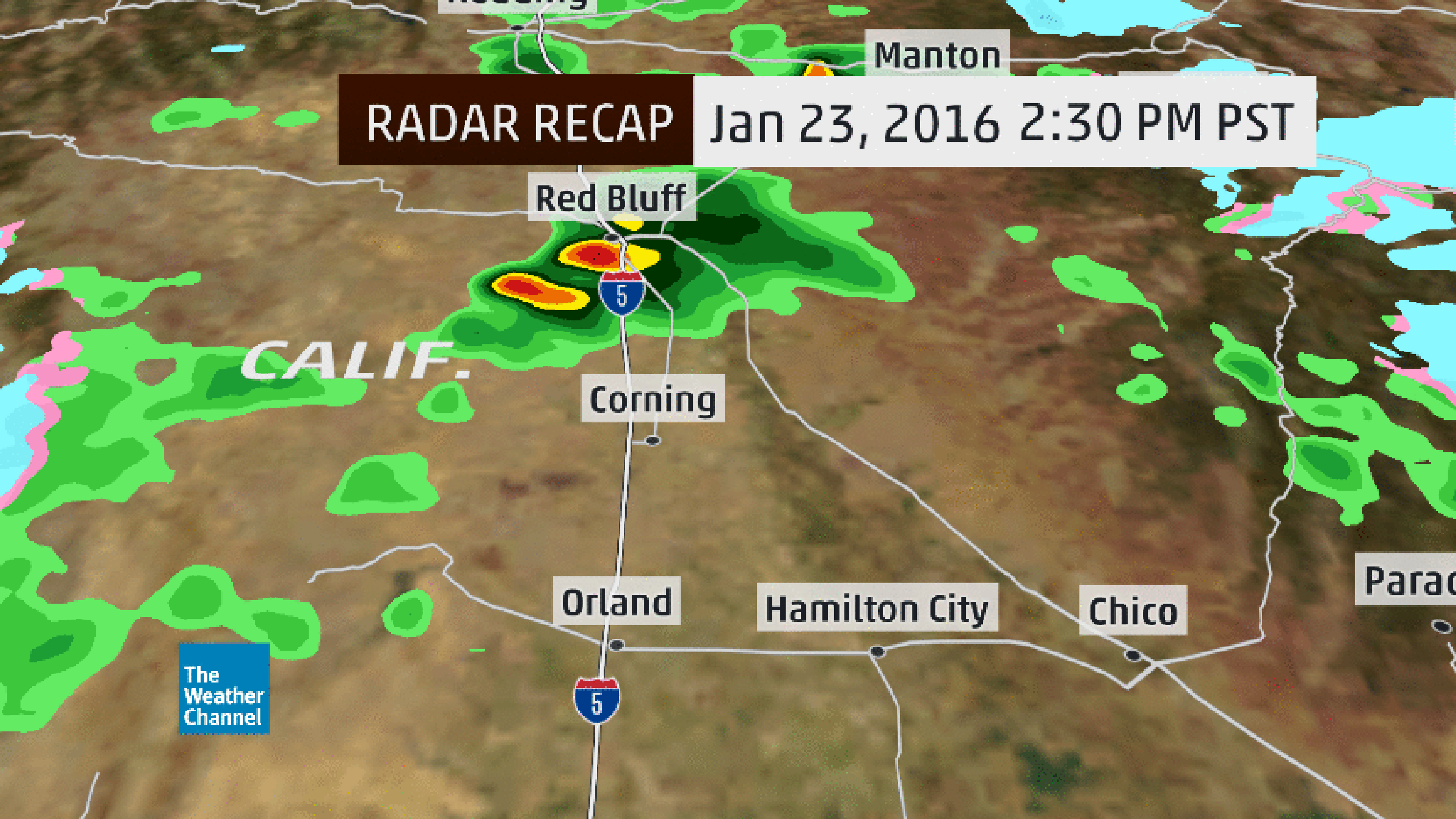 Radar loop of hailstorm near Red Bluff, California, responsible for three-inch diameter star-shaped hailstone, tying a California state record hail size, on January 23, 2016. 