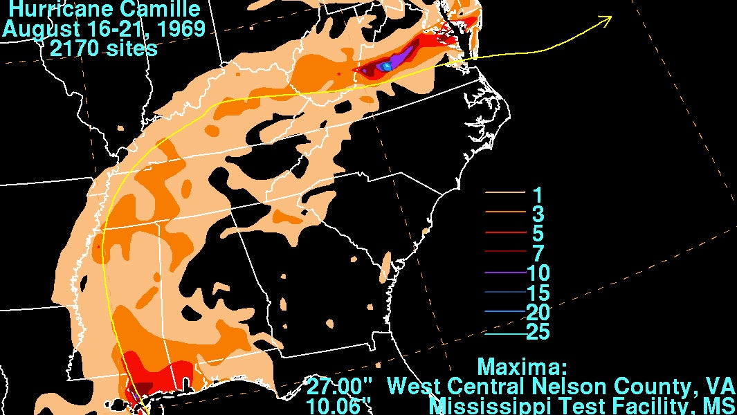 Hurricane Camille rainfall 1969