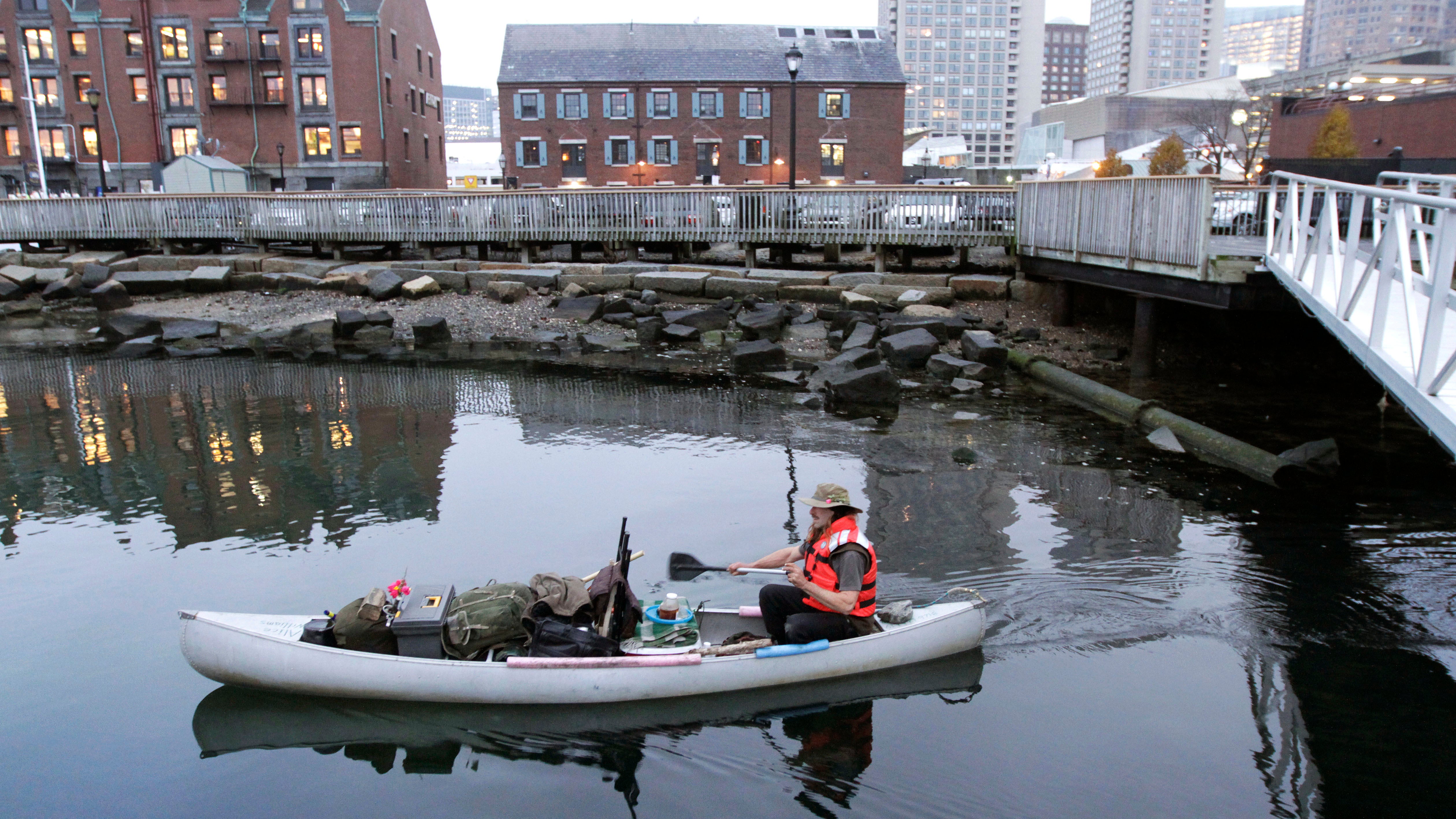 Man's Home a 14-foot Canoe in Boston Harbor