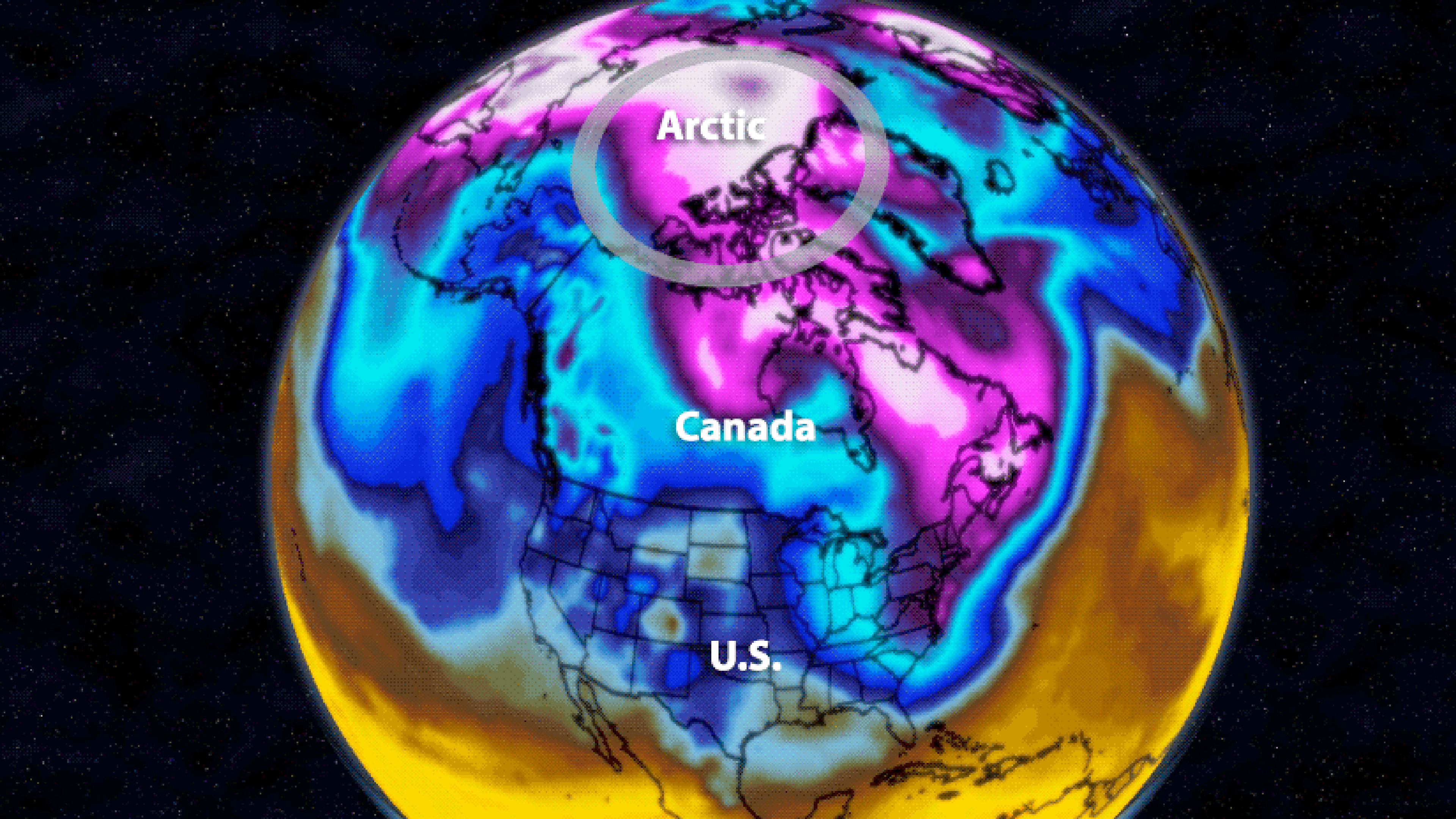 Highlighted by the ring and shaded pink and purple is an arctic air mass that descended southward into the U.S. from near the North Pole during February 2016.