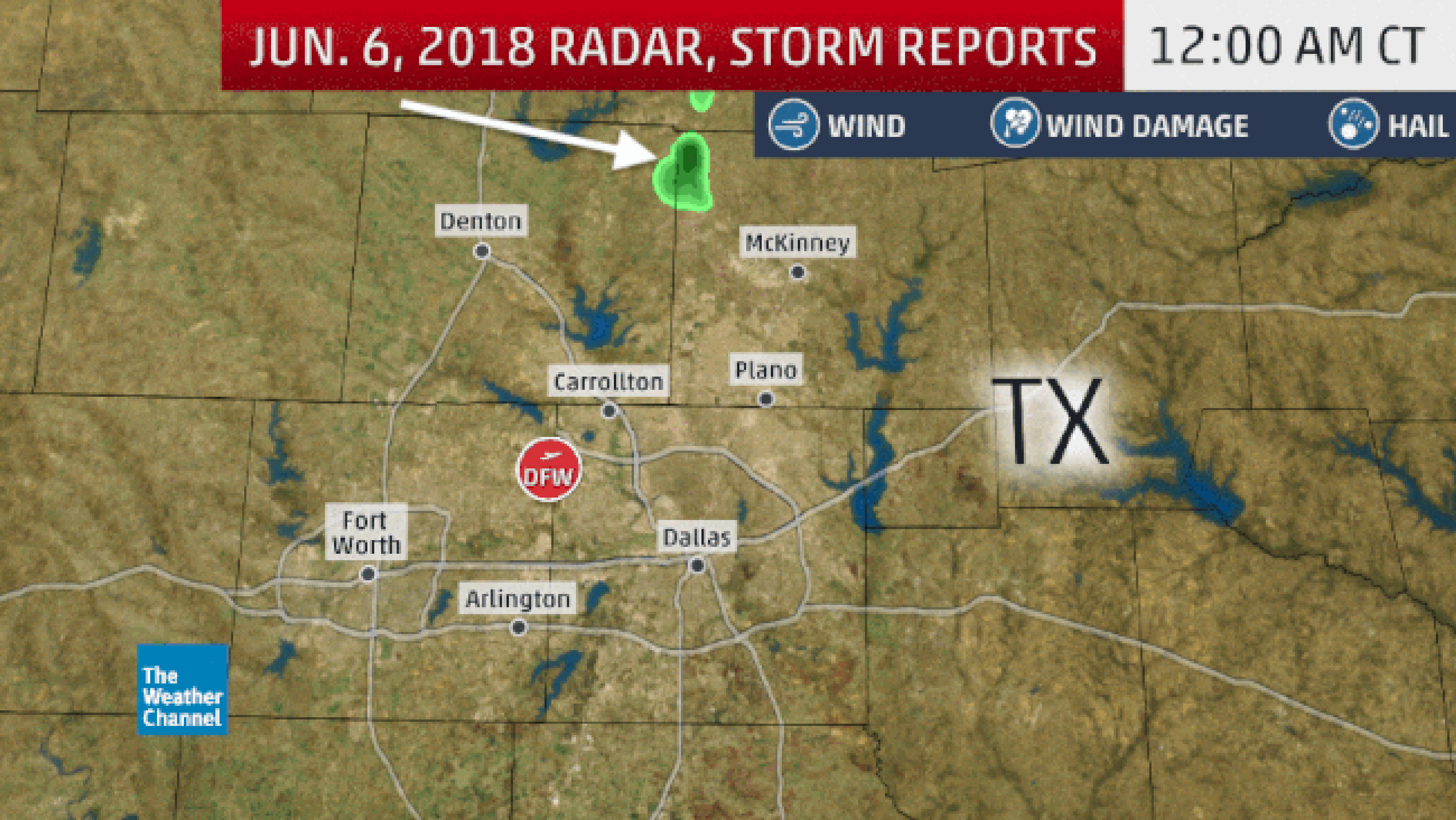 Radar loop from 12-3 a.m. CT and storm reports from the Dallas metro hailstorm on June 6, 2018. The white arrow denotes the storm responsible for the most destructive hail. The gray arrow highlights the other storm left over after the initial storm split.