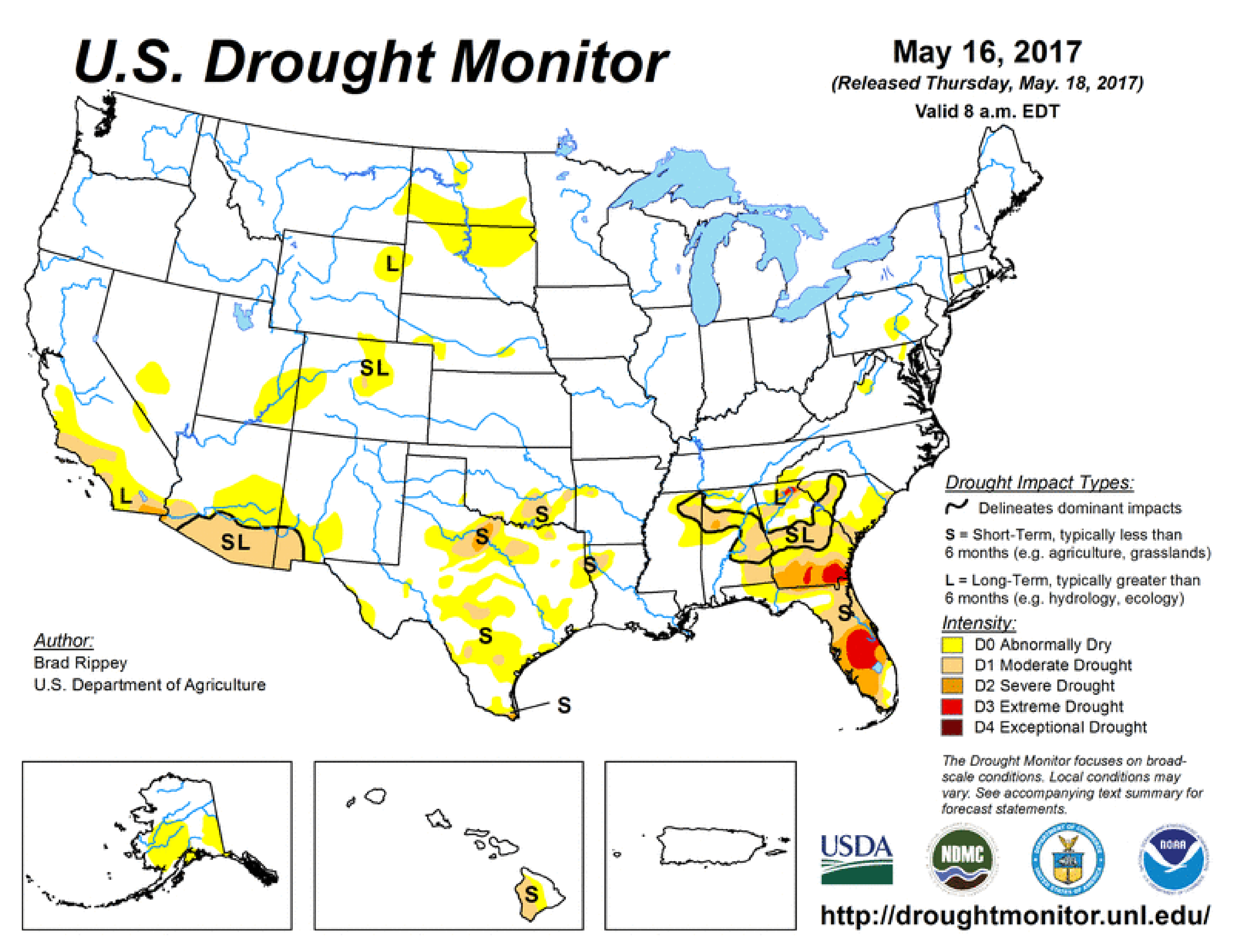 Animation of the drought monitor analysis from May 16 through July 11, 2017, indicating the development of the northern High Plains flash drought. More dire areas of drought are denoted by the darker orange and red contours.