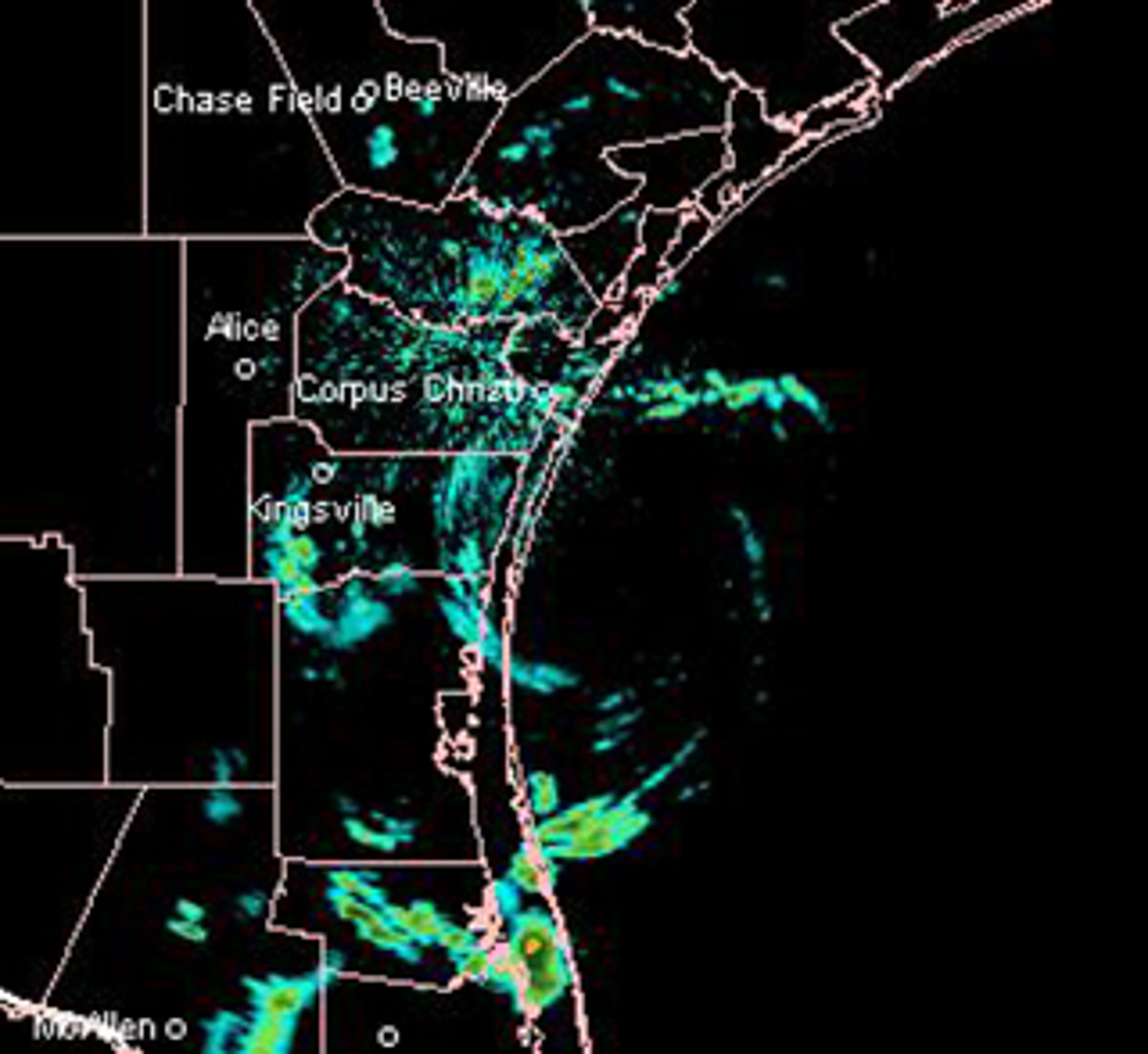 Doppler radar image of Tropical Storm Don nearing landfall on the south Texas coast on July 29, 2011.
