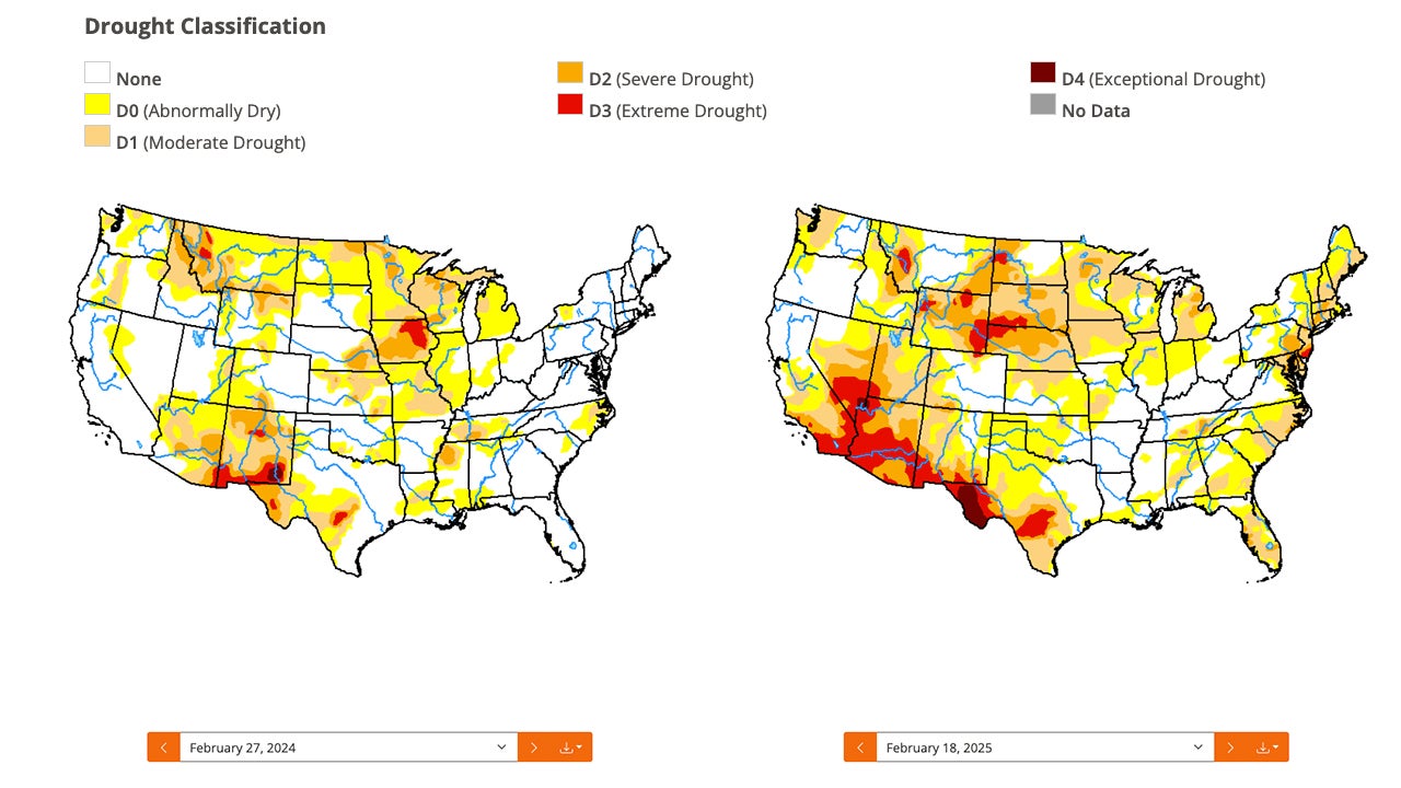 Drought Monitor comparison February 2024 vs 2025
