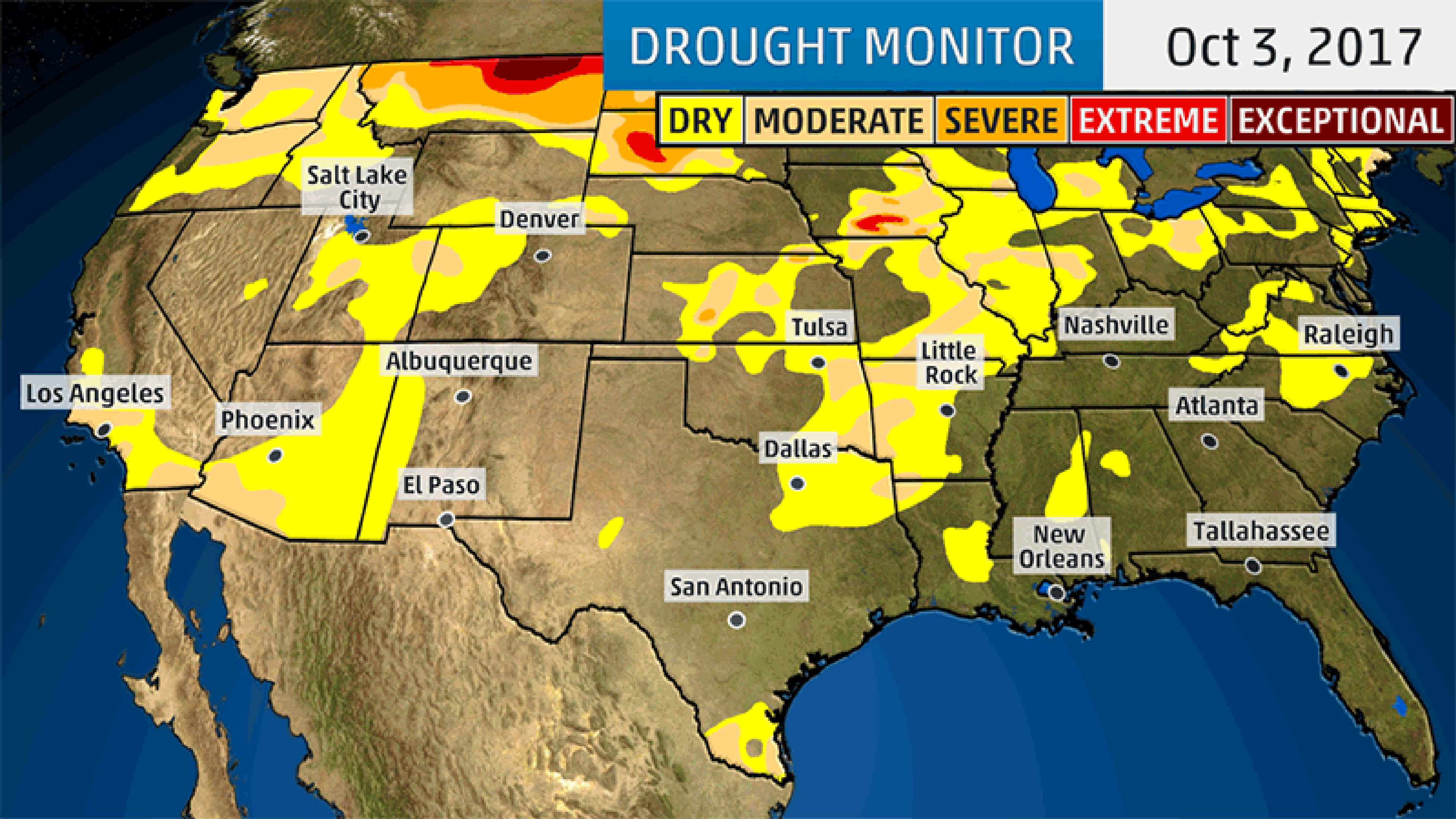 Abnormally dry (dry) or drought conditions (moderate, severe, extreme, exceptional) have spread across a large portion of the nation's southern tier since the start of October. (Data: NOAA/NDMC/USDA)