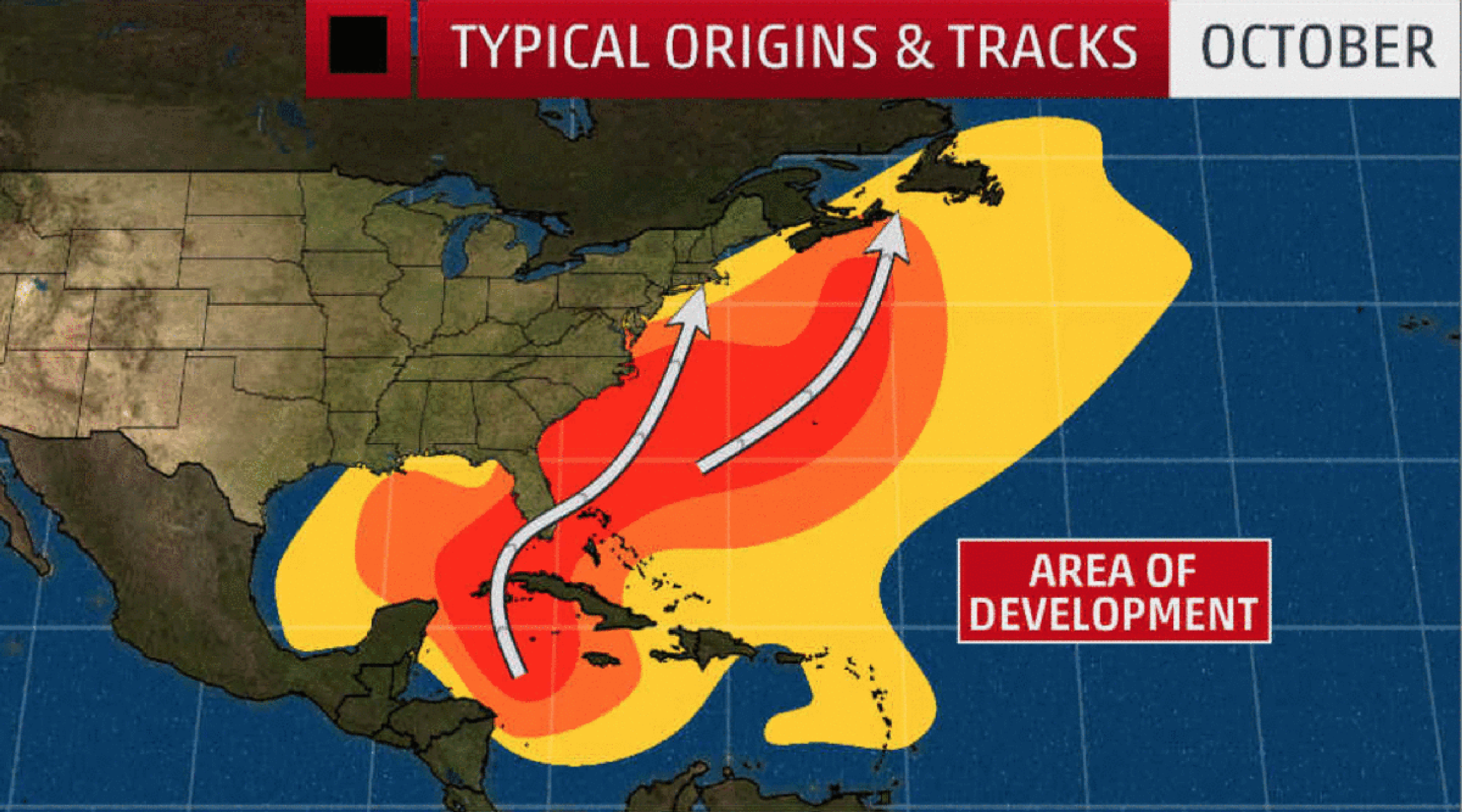 Typical tracks and active regions of the Atlantic in the last third of hurricane season. 