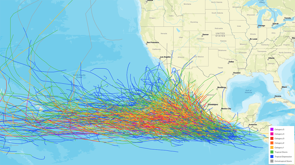 Eastern Pacific hurricane tracks 1971 - 2025