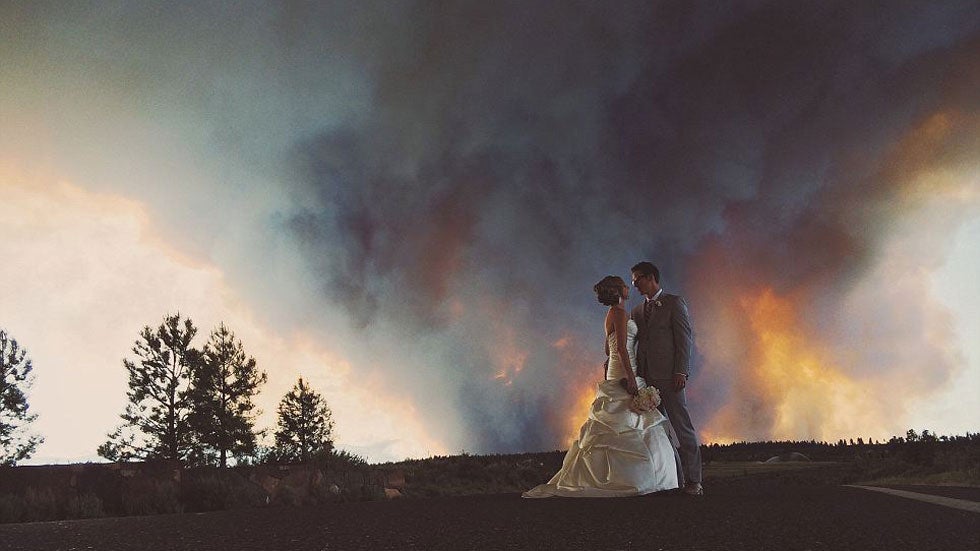 Bend, Oregon, Wildfire: Couple Poses for Wedding Photos with Blaze as Backdrop